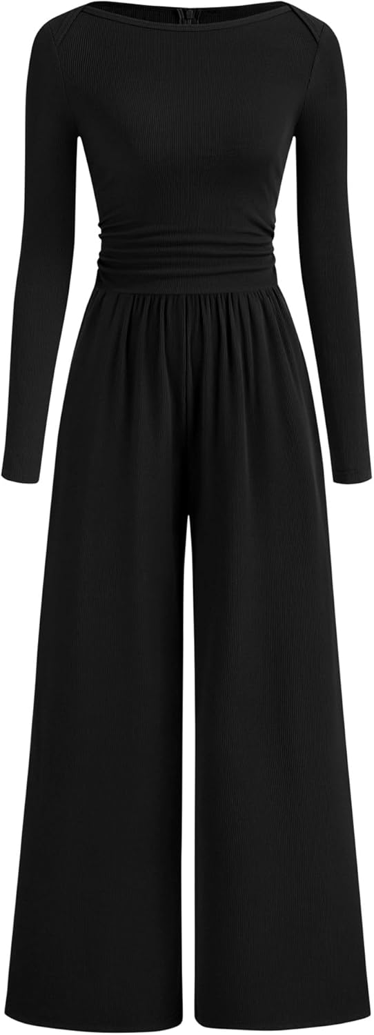BTFBM Jumpsuits For Women Dressy 2025 Fall Casual One Piece Outfits Pocket Long Sleeve Knit Ruched Wide Leg Pants Romper