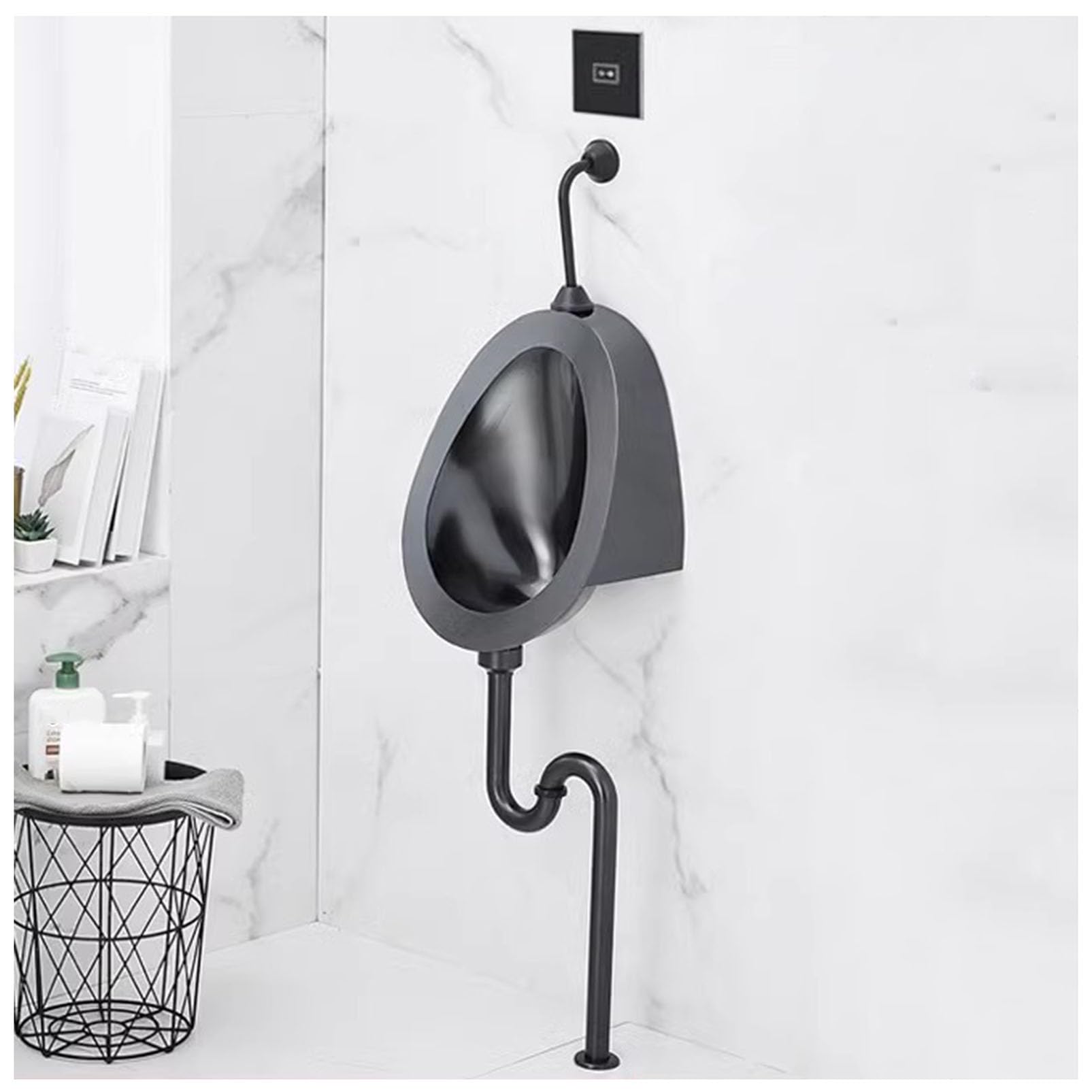 GTHTUHFD Men'S Bathroom Urinal Toilet Wall-Hung Washout Urinal, Men'S Adult Urinal Troughs Urine Diverter With Sensor Flush Valve, Commercial Creative Urinal High-Efficiency,Black-ground drainage