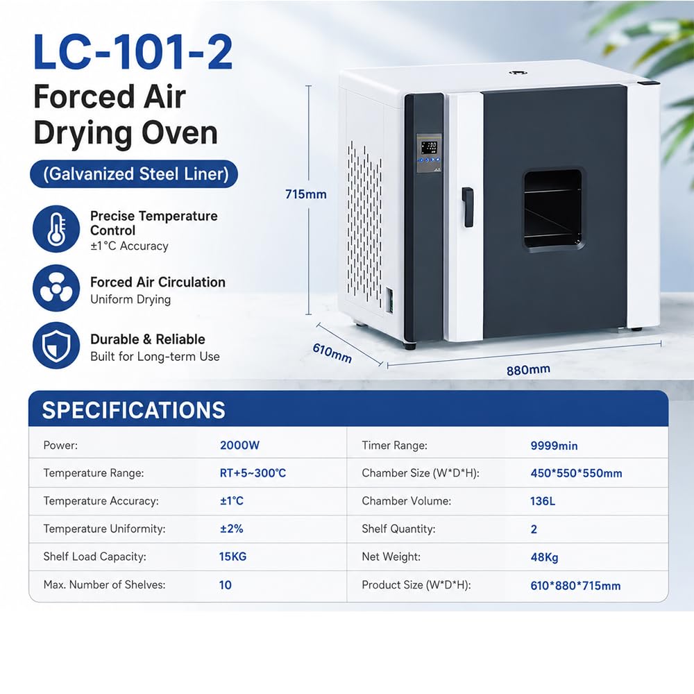 Suszarka laboratoryjna z wymuszonym obiegiem powietrza (2000 W, 136 l / 4,8 stopy sześciennej), inteligentna regulacja temperatury PID, zakres: temperatura otoczenia +5°C do 300°C