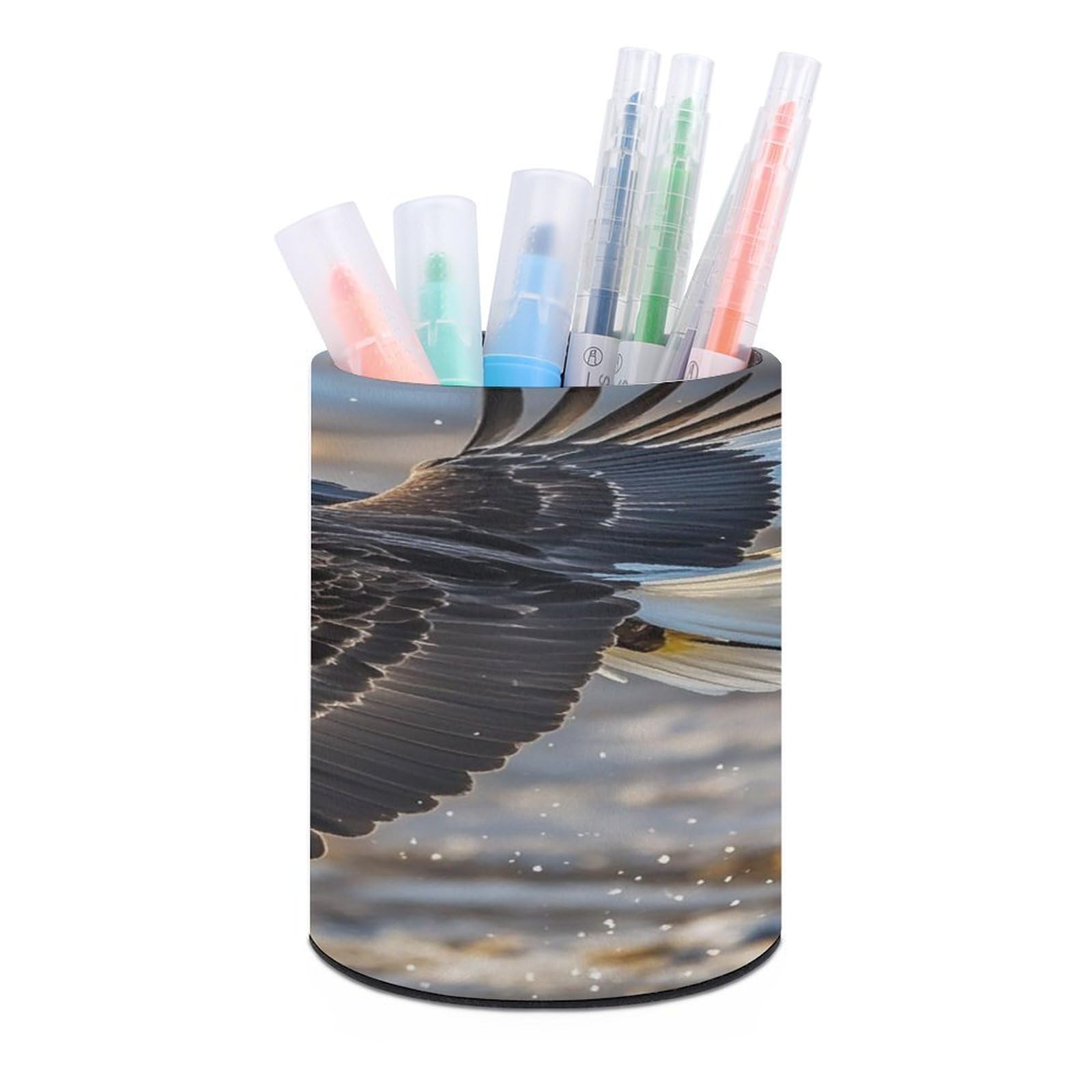 FekiLoot Round Bald Eagle Flying Pen Holder for Desk PU Leather Waterproof Pencil Cup Stand Minimalist Makeup Brush Storage Organizer Desktop Stationery Container Accessorires