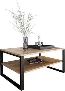 Couchtisch Rechteckig Wohnzimmertisch Kaffeetisch Sofatisch Tischplatte Tisch mit unterer Ablage Beine aus Metall Industrieller Stil Basic (GOLDENE Eiche)