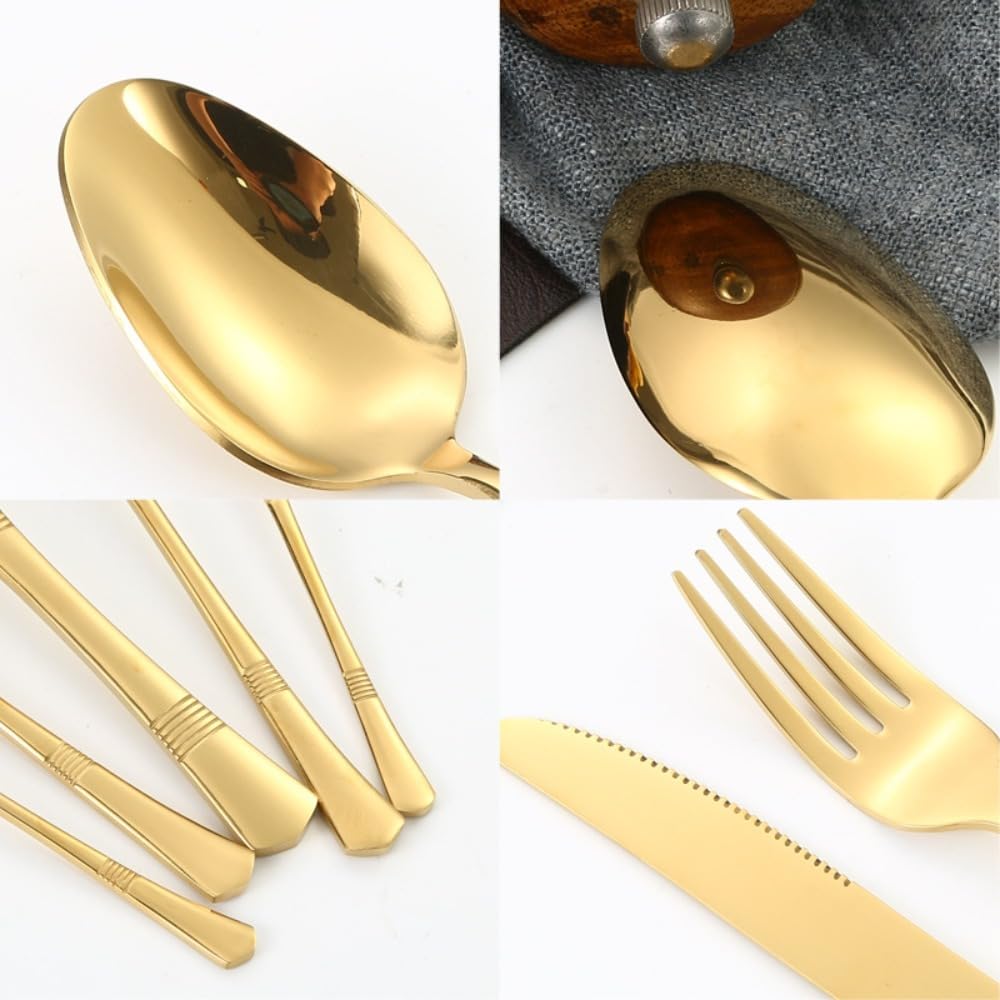 Besteckset aus Edelstahl, 20-teilig, bunt, mit horizontal gestreiftem Griff, Besteckset mit Steakmesser, Gabel, Löffel und Teelöffel für Küche und Esszimmer (bunt)