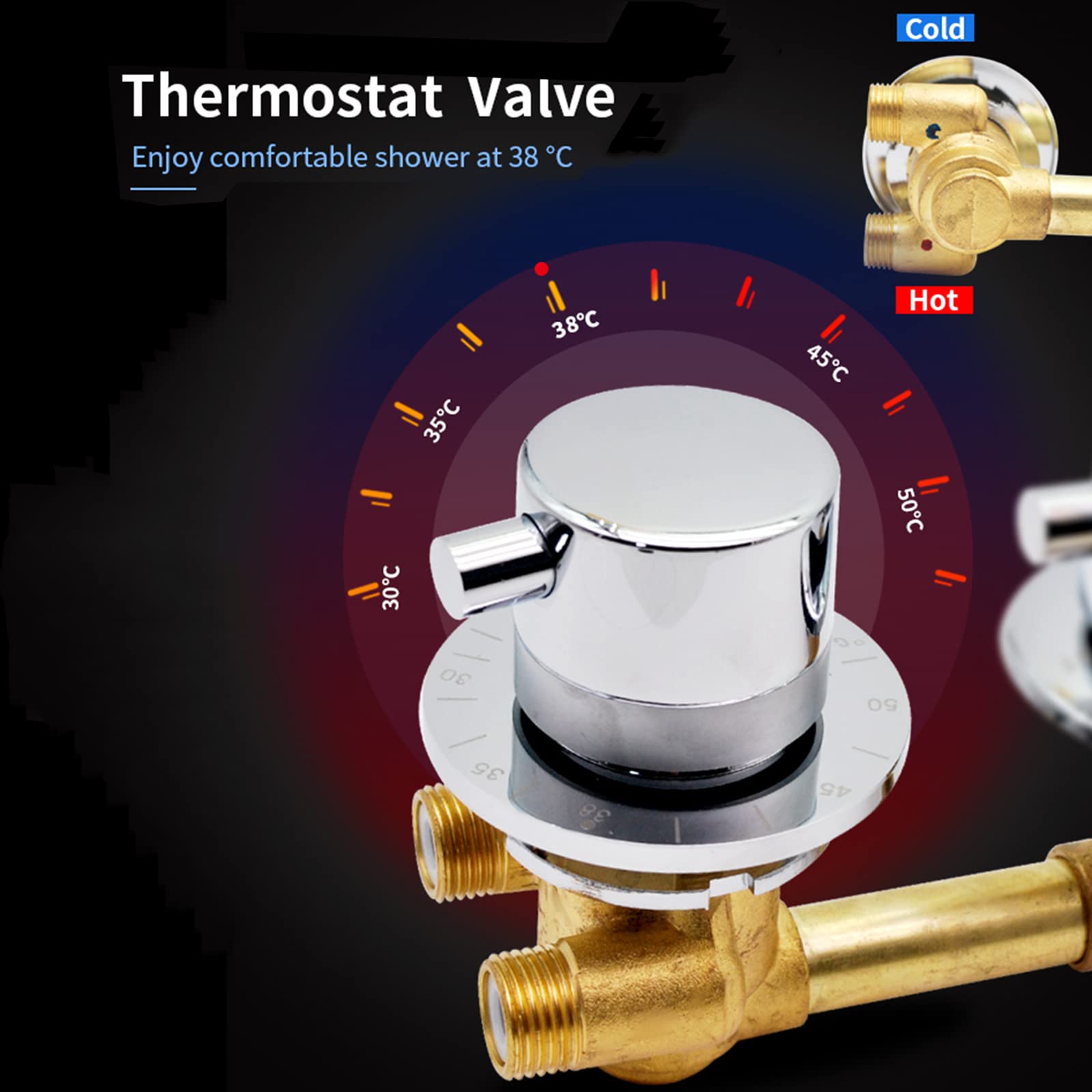 Válvula Mezcladora de Latón 3 Perillas Desviador Grifo Ducha Termostático Control Temperatura Rosca Tornillo/Intubación 2/3/4/5 Vías, Cartucho Latón, Termostato Automático (Intubación 3 Salida)