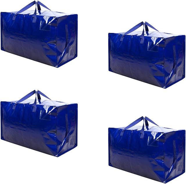 VENO 4 Pack Heavy-Duty Oversize Large Storage Bag Organizer with Zips and Tag Pocket for Moving, Clothes Storage, Laundry Bag, Packing, House Essentials, Sustainable, Water-Resistant (Blue - Set of 4)