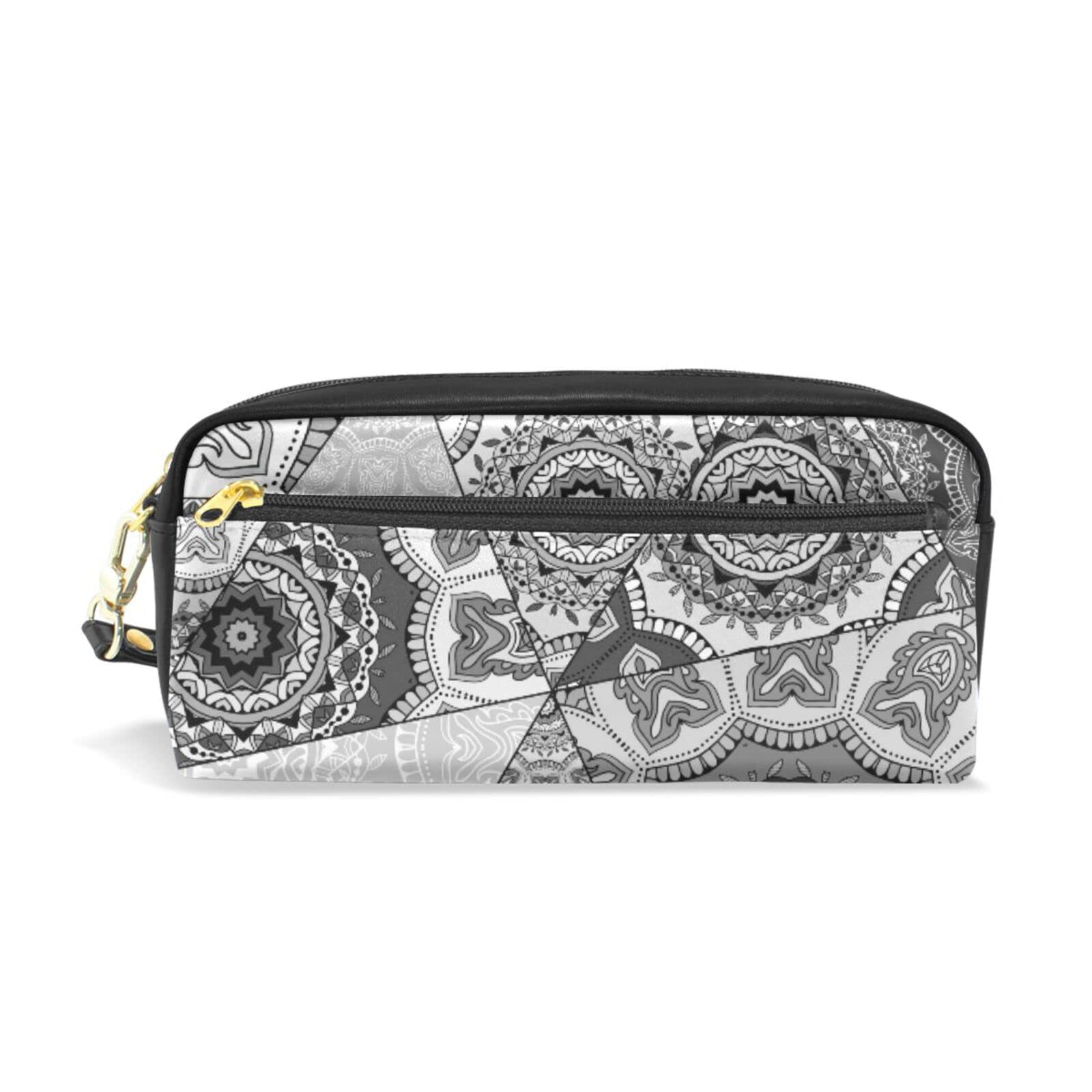 Black Grey White Mosaic Graffiti Patchwork Indian, Turkish Motifs PU Leather Pencil Case, Pencil Bag Storage Pouch Pen Marker Stationery Bag Holder for School Office Portable Zipper Pouch