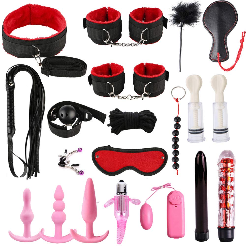 Xineker 20PCS Leather ṤḾ Kit Bûndled Bịnding Set Hǎndcǔffs Nịpple Clịp Ḁdûlt Ṥèx Töys
