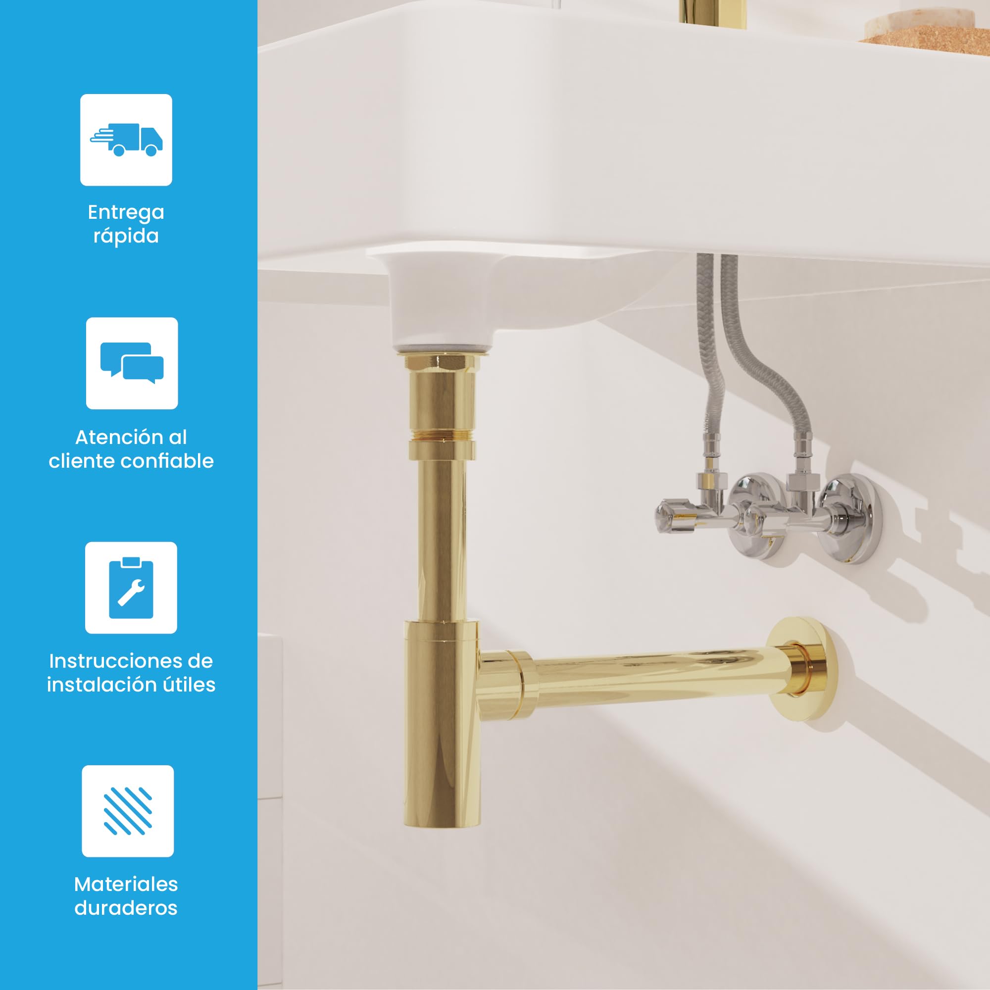 Bächlein Sifón Universal de Diseño Dorado para Lavabos y Lavamanos - Set de Desagüe - Trampa con Abertura de Limpieza + Instrucciones de Instalación - Sifón de Diseño, Sifón de Tubería