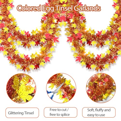 Image of 33Ft Thanksgiving Fall Tinsel Garland Shiny Hanging Coarse-Textured Red and Gold Maple Leaf Metallic Twist Garland Autumn Decor for Fall Party Door Tree Garlands Decorations - (Red & Gold)