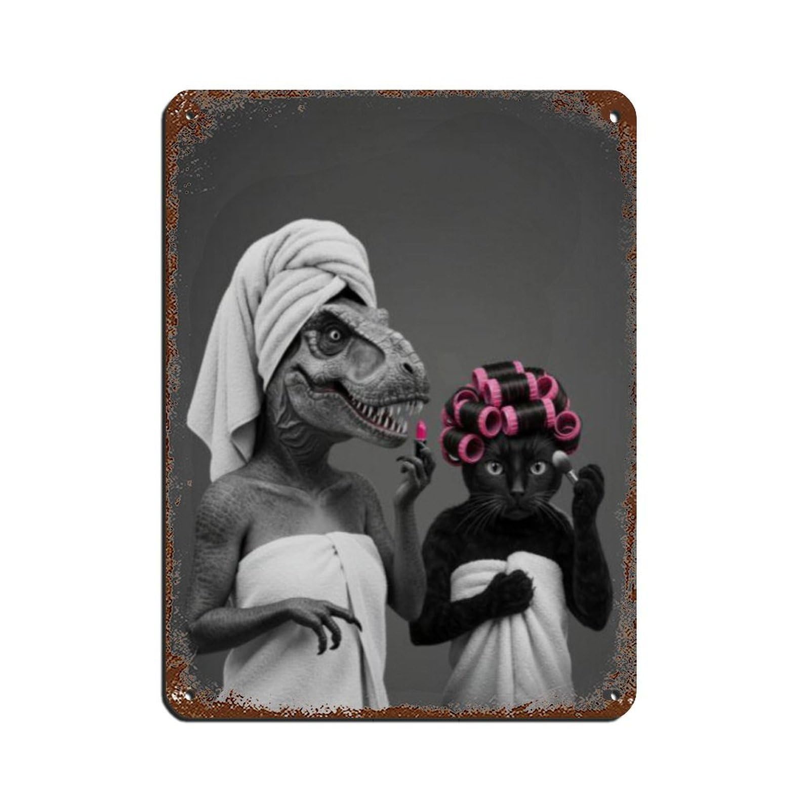 Dinosaur & Black Cat Bathroom Art Tin Sign Vintage Metal Pub Club Cafe Bar Home Wall Art Decoration Poster Retro 12x16inch(30x40cm)