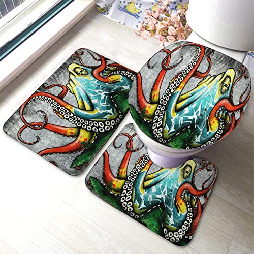 Badezimmerteppich-Set, 3-teilig, Oktopus, Vintage-Meerestier, Hip-Hop-Straße, farbige Malerei, waschbare Badteppiche, rutschfest, mit Rückenpolster, Konturteppich und Toilettendeckelbezug