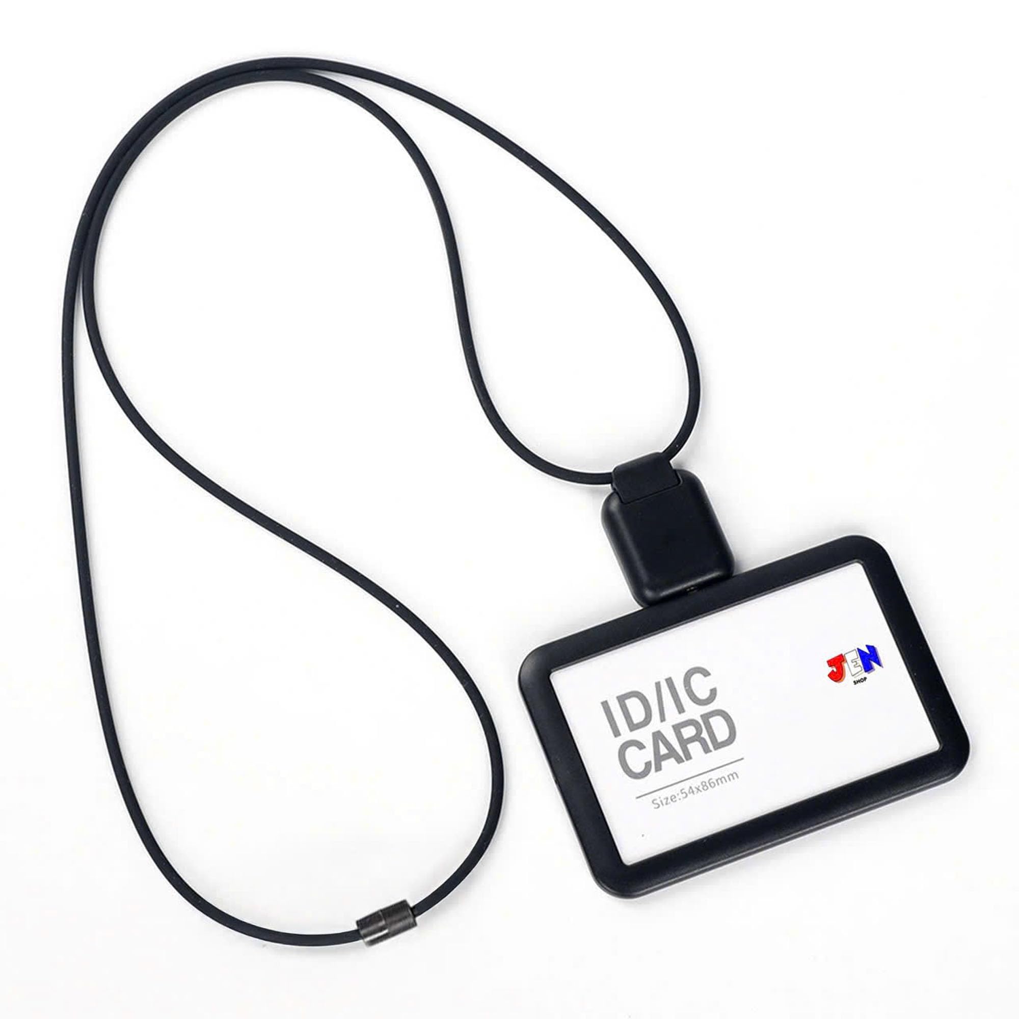 【JEN SHOP】 IDカードホルダー 首掛け 社員証 名札ケース リール付き 伸縮可能 2枚収納 縦型 横型選べる メンズ レディース パスケース IDケース ネームホルダー (ブラック, 横)
