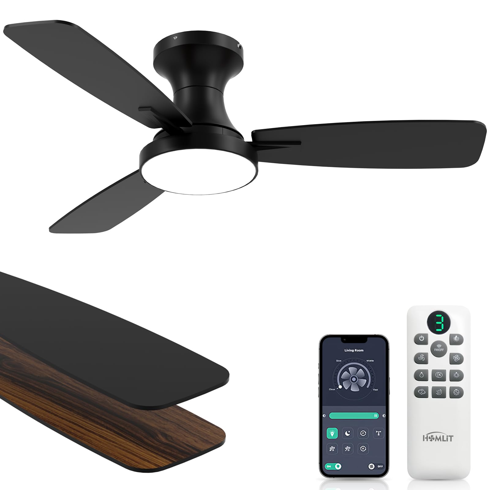 42 inch Smart Ceiling Fan with Light Low Profile Flush Mount with Remote Control Ultra-Quiet Reversible DC Motor