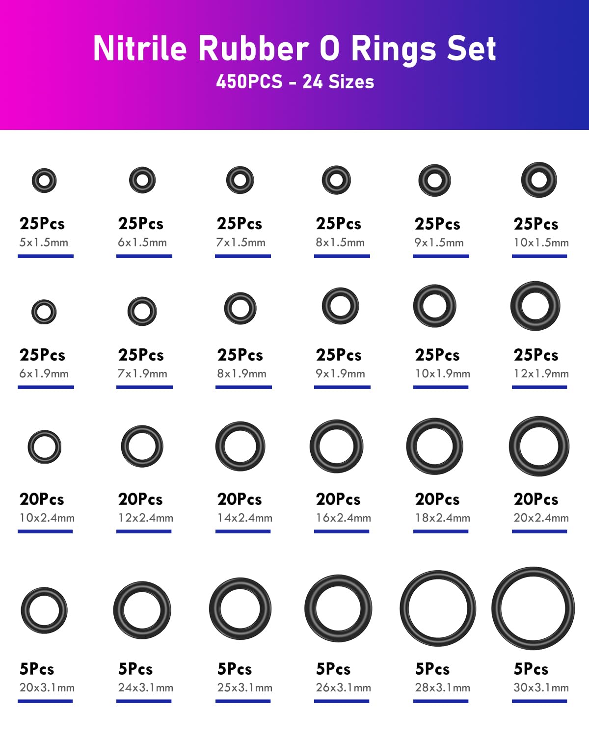 ANVINKU 450PCS Nitrile Rubber O Rings, 24 Sizes Rubber Washers Assorted, Insulated O-Rings Seal Gasket Set - Image 2