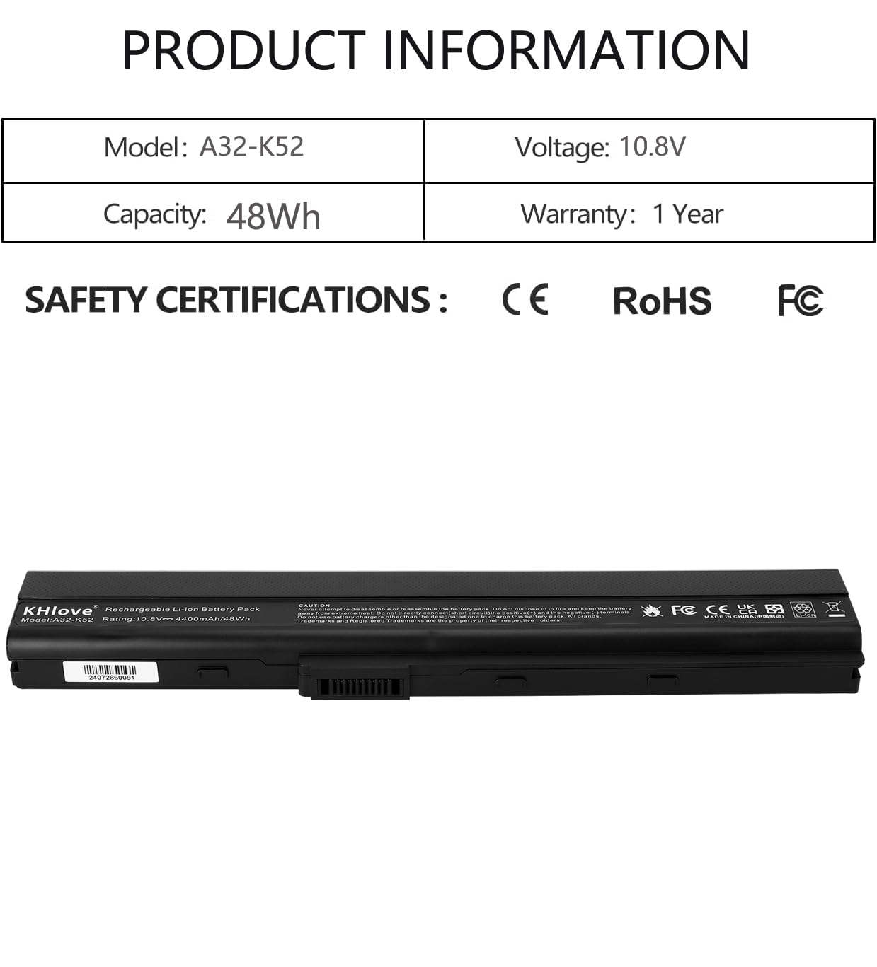 A32-K52 Laptop Batteria per Asus K52 K52F K52J K52JB K52JC K52JE K52JK K52D K52DE K52DY K52N X52 X52F X52J X52JB X52JC X52JE K52JR K52JT X52N A42 A52 A52F A52J A52N A62 K42J K42JC K62 P62 P82
