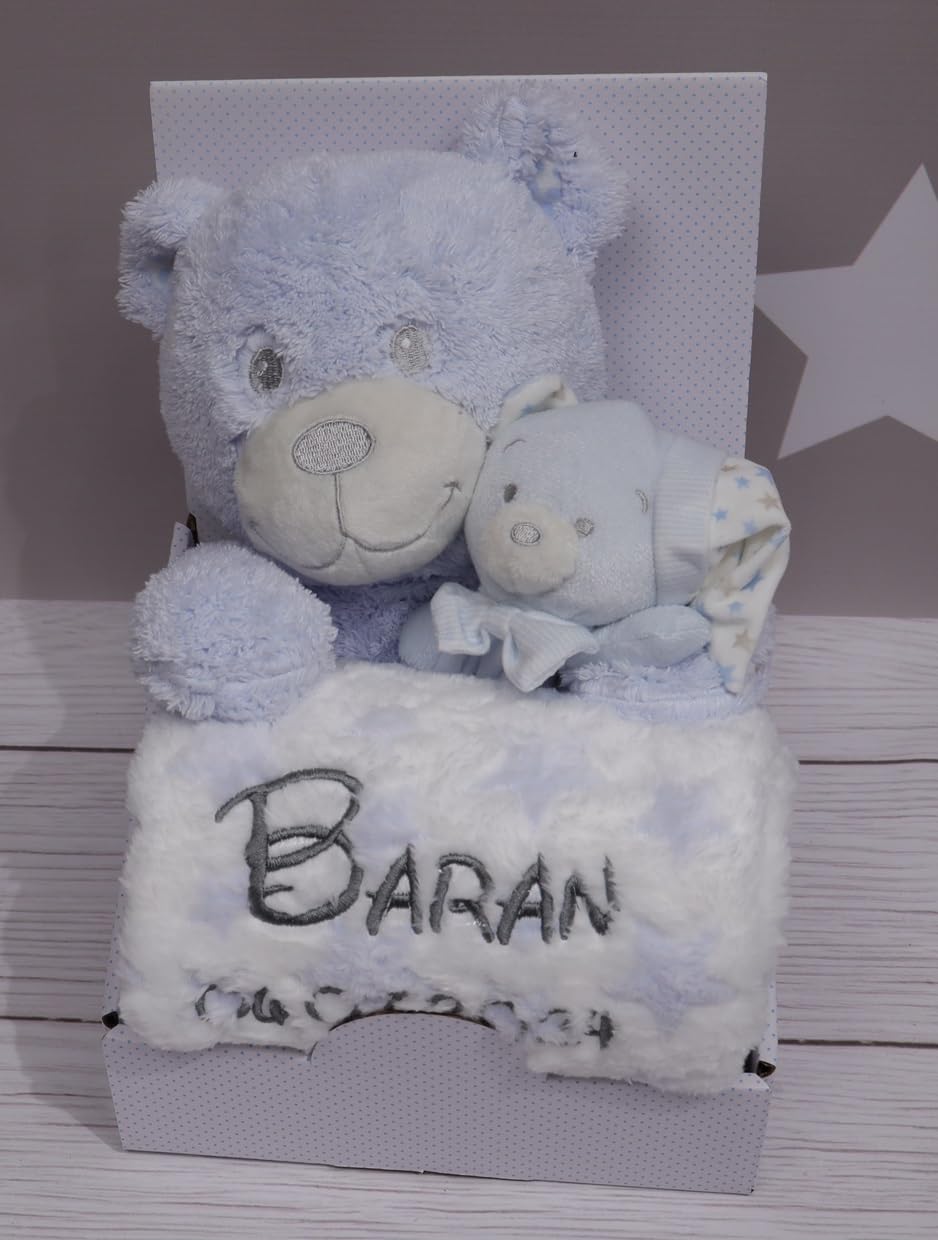 BotoBaby Maxi Geschenk-Set Babydecke mit Namen und Datum Bestickt + Plüschtier + Schmusetuch 3-Teiliges Set