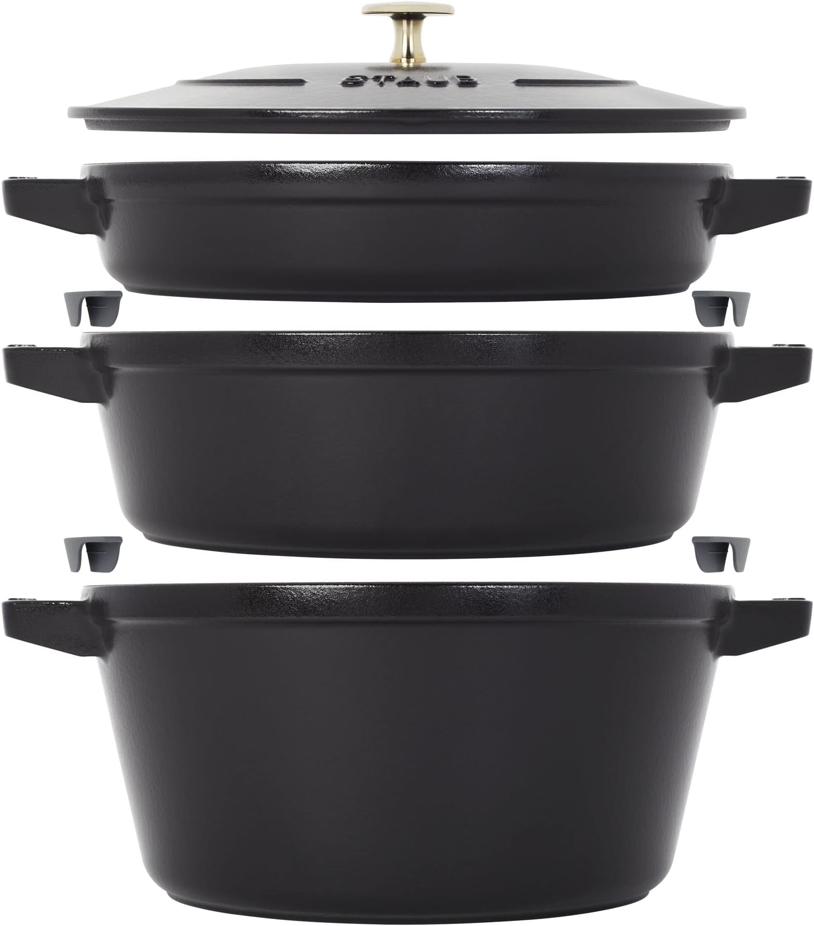 STAUBCast Iron Set 4 pc, Stackable Space Saving Cookware Set, Dutch Oven, Cast Iron Skillet, Cast Iron Grill Pan with Universal Lid, Made in France, Matte Black, 14552623, Staub Stackable