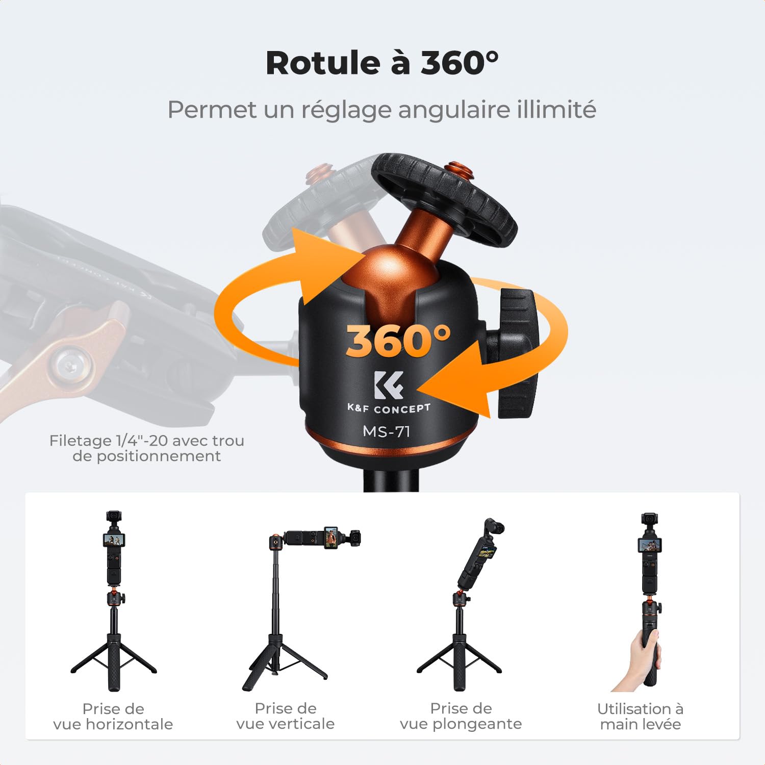 MS71 [Ouverture Auto 1s] Mini trépied Smartphone et Perche Selfie, 25,6", rotule de Poche légère avec Sabot Froid, Petit trépied de Bureau Compatible DJI Osmo Pocket 4/3, Action5, GoPro 13/12.