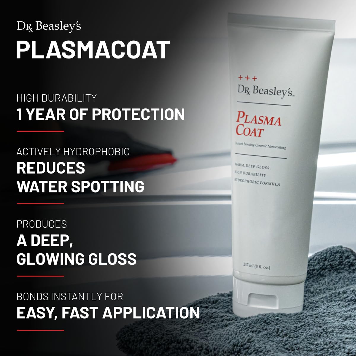 Dr. Beasley's PlasmaCoat for Autos - Easy to Use Ceramic Nanocoating for Glossy Finished Paint, Self Cleans, Repels Water, Resists Contaminants, Warm Wax-Like Shine, 8 Fl Oz