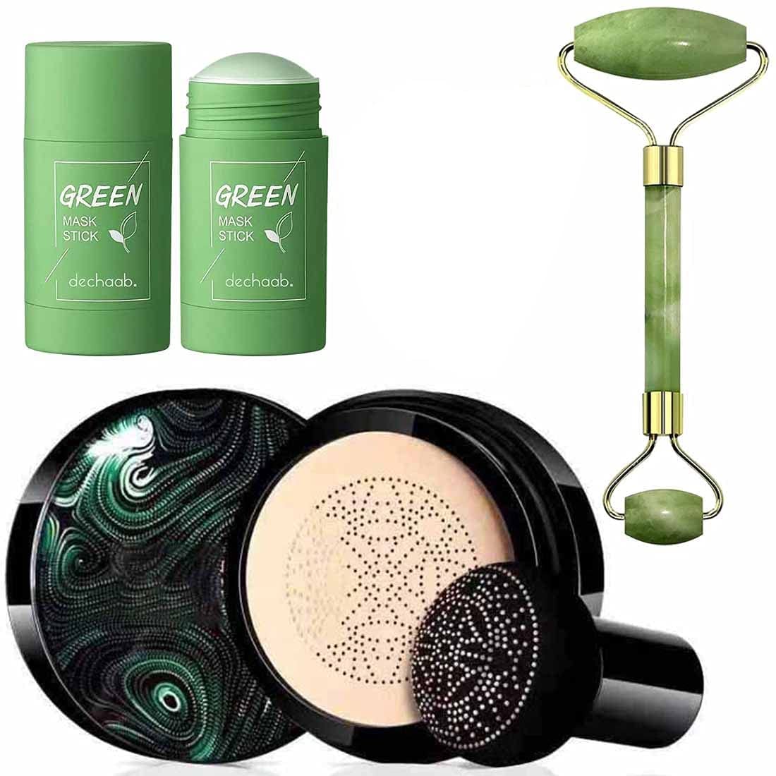 Lusty Soul 3 in 1 Air Mushroom head air cushion cream Moisturizing Foundation (20g) Green Tea Purifying Clay Oil Control Face Stick Mask (50gm) & Jade Double Ended Massager Roller-image-28