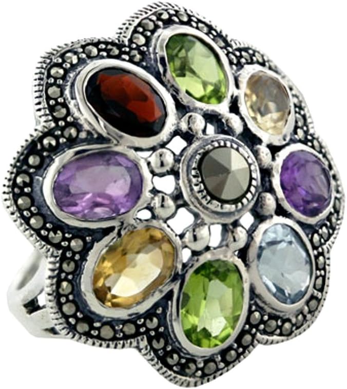 Vco Sterling Silver Ring Marcasite and SEMI-PRECIOIUS Stones Flower Ring