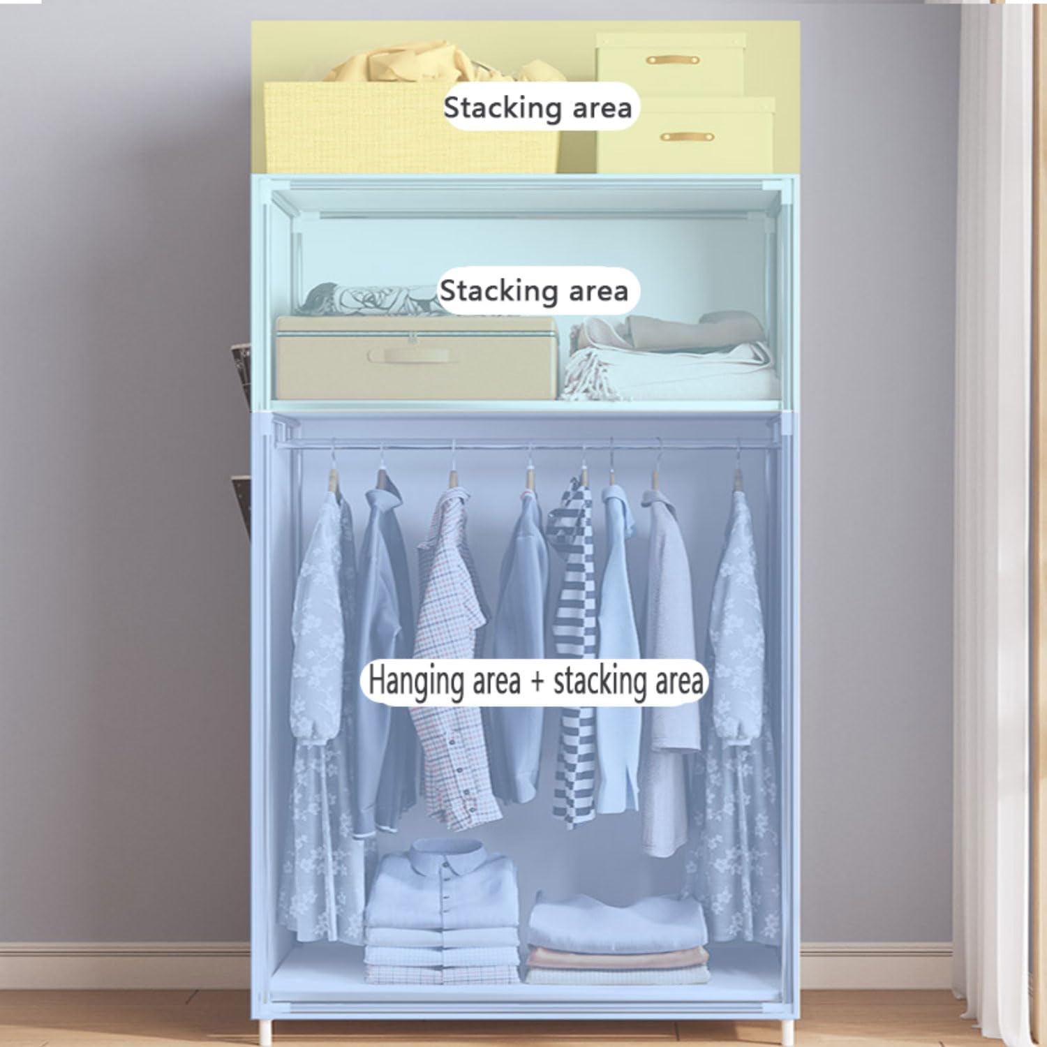 Kleiderschrank aus Stoff zusammenklappbar, mit Kleiderstange einfacher Kleiderschrank Organizer für Spielzeug Schuhe Taschen Wohnzimmer Schlafzimmer Garderobe