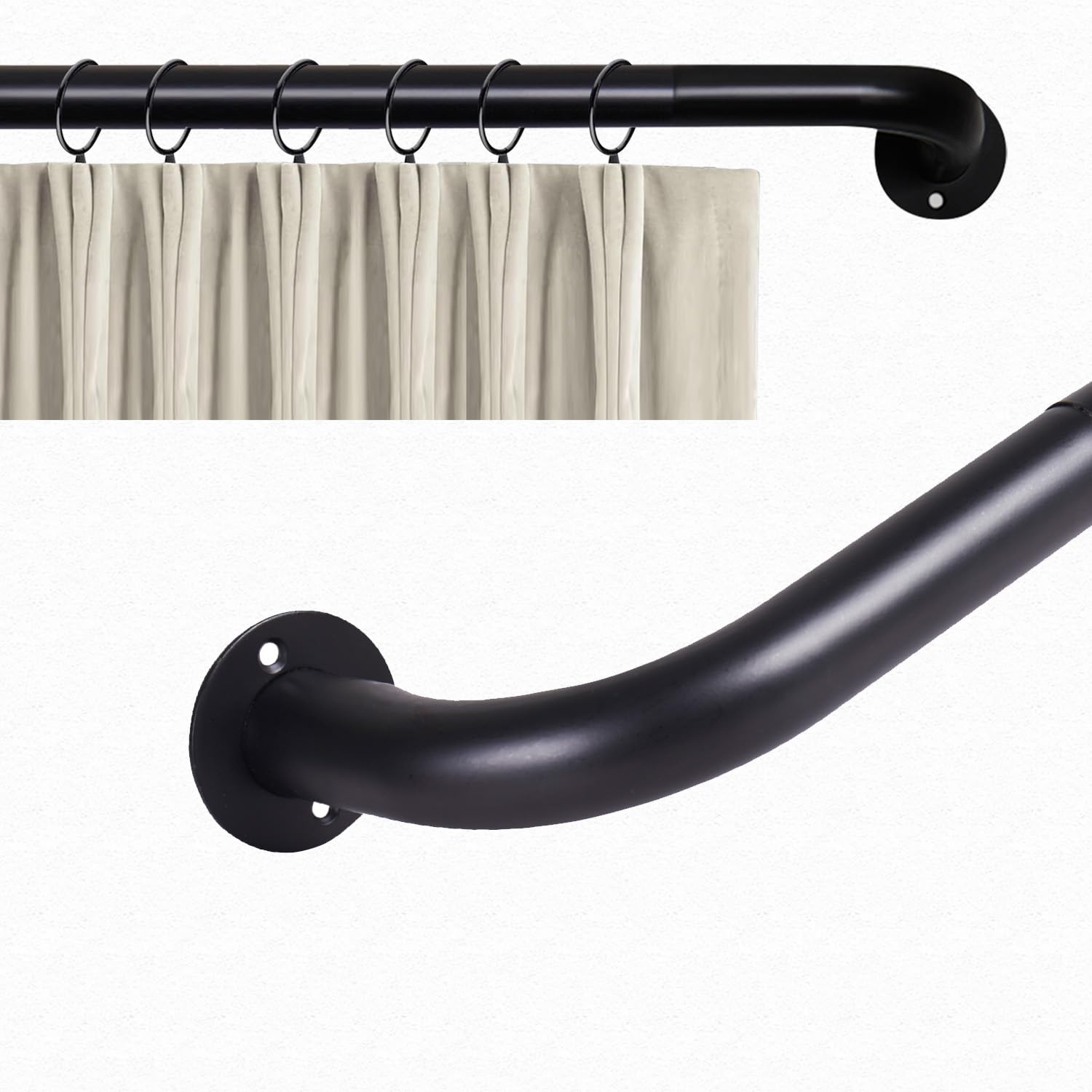 Aspire Homeware Curtain Pole Extendable Room Darkening Blackout Curtain Rod with Curved Pole 70 cm to 120 cm Matte Black Adjustable Curtain Poles for Eyelet Curtains Rings, Brackets, Fittings Set