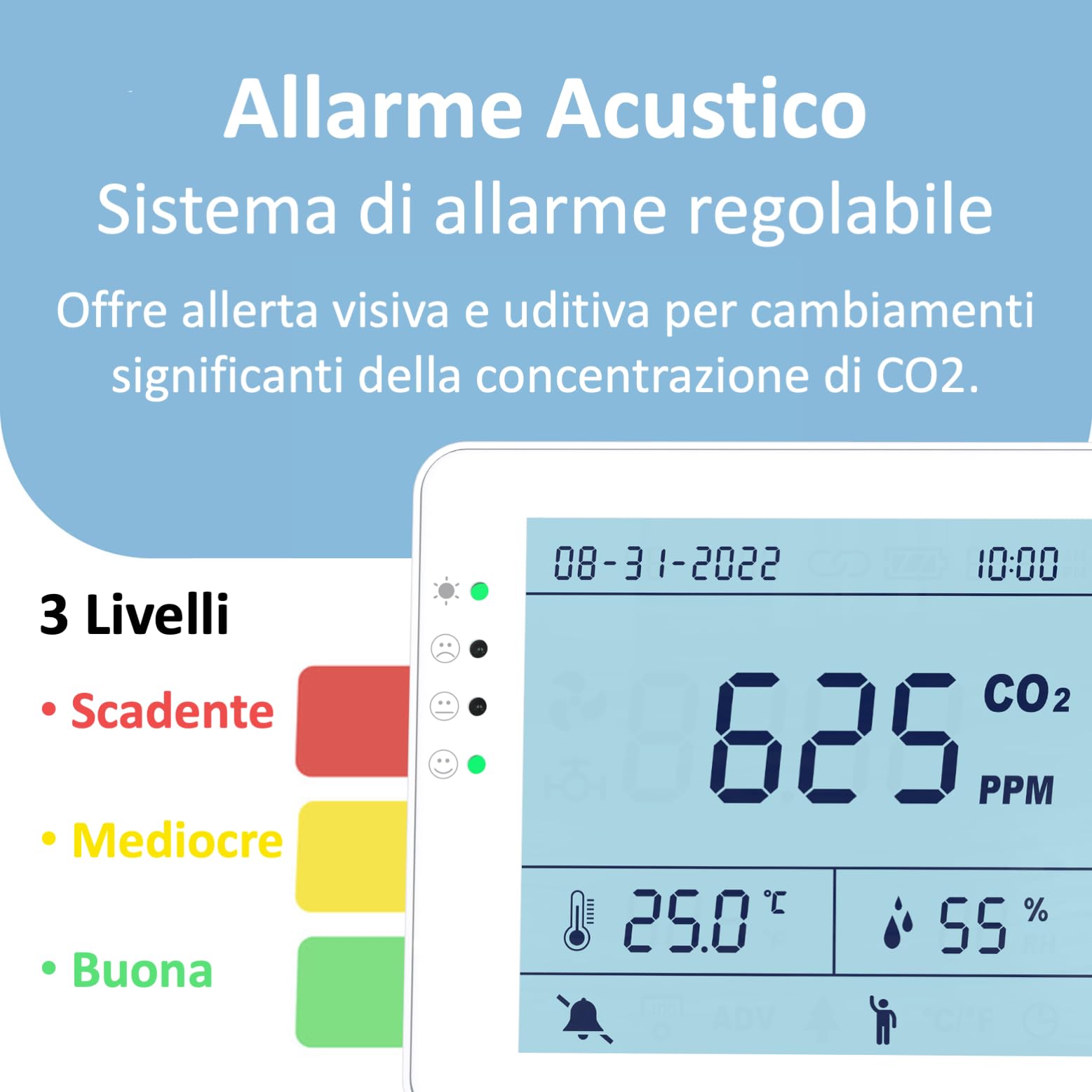 Detector 3 en 1 – Medidor CO2 Temperatura Humedad RH | Batería 10h | SA1300P | Sensor NDIR | Registrador de datos con alarma | para casa y ambientes interiores | Registrador de datos | Dióxido de