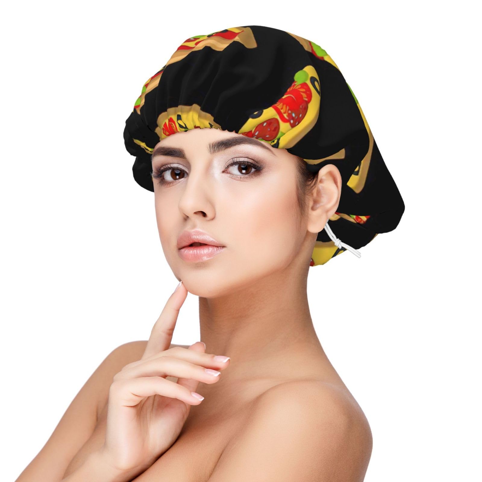 Double Layer Reversible Hair Wrap Satin Sleep Tasty Pizza Cap Bonnet for Braid Curly Hair Satin Bonnet Black