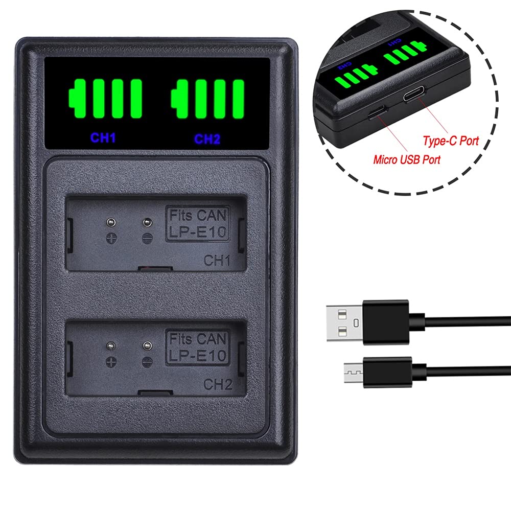 2pcs LP-E10 LP E10 Akku mit LED Dual Akkuladegerät Kompatibel mit Canon EOS 1100D 1200D 1300D 2000D, 4000D,EOS Rebel T3, T5, T6, Kiss X50, Kiss X70 Digital SLR Camera