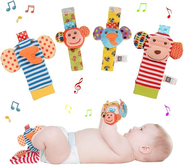 ThinkMax 4Pcs Baby Wrist & Socks RattleBabysoft Rattle for Newborn, Cute Footfinder & Hand Strip Early Educational Sensory Toys