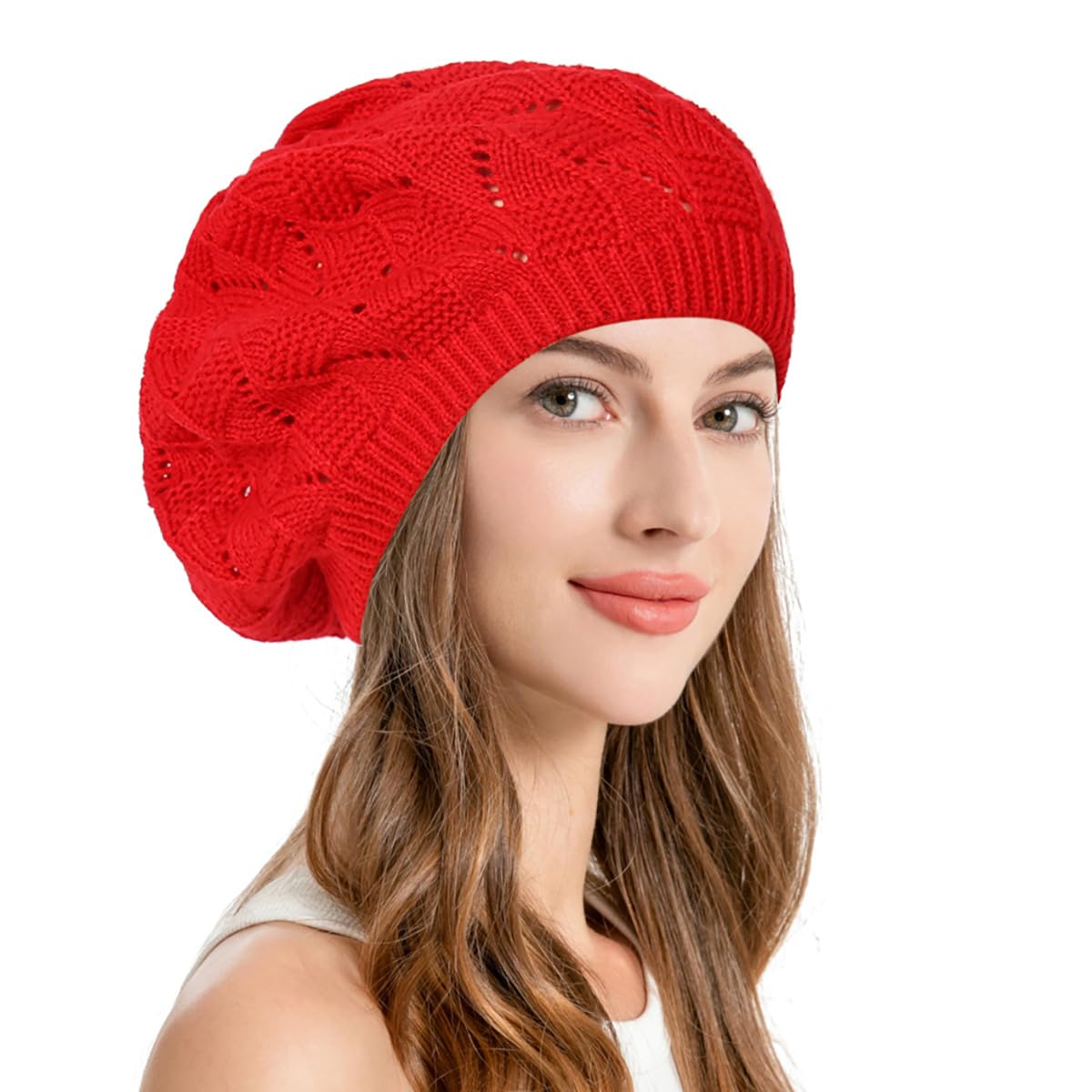 BCJMKDX winter hat, Women's Beret Warm Knit Hollow-Out Slouchy Crochet Berets Lightweight Beanie Cap(Orange Red)
