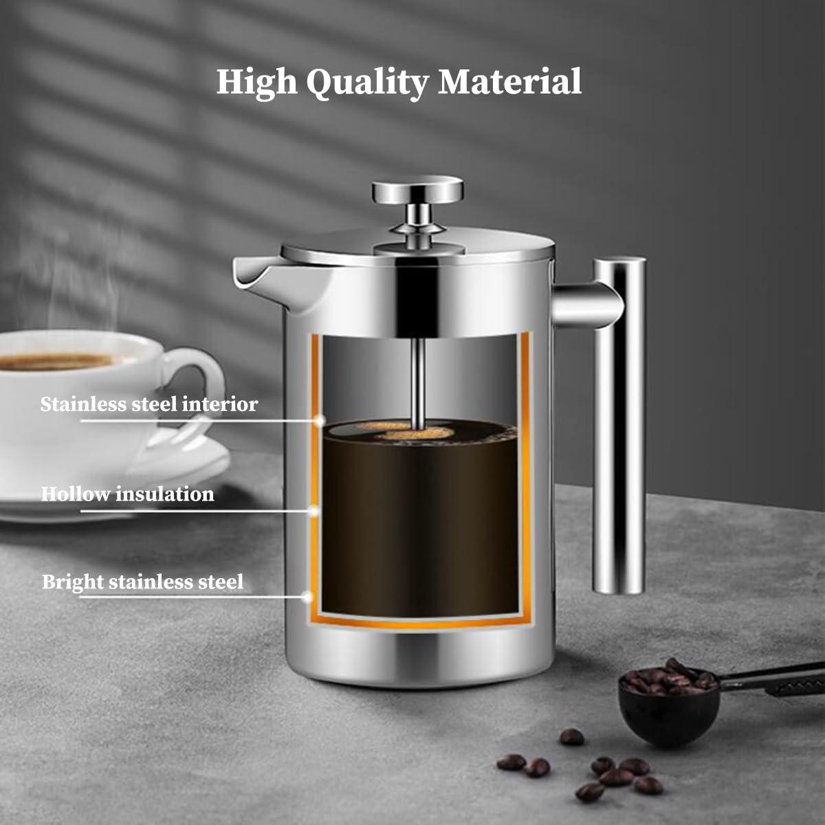 Ekspres Do Kawy Typu French Press Z 3-warstwowym Systemem Filtrów, Dzbanek Do Parzenia Kawy Z Podwójnymi Ściankami Ze Stali Nierdzewnej, 1 Łyżeczką Do Kawy(/Silver B,700ml)