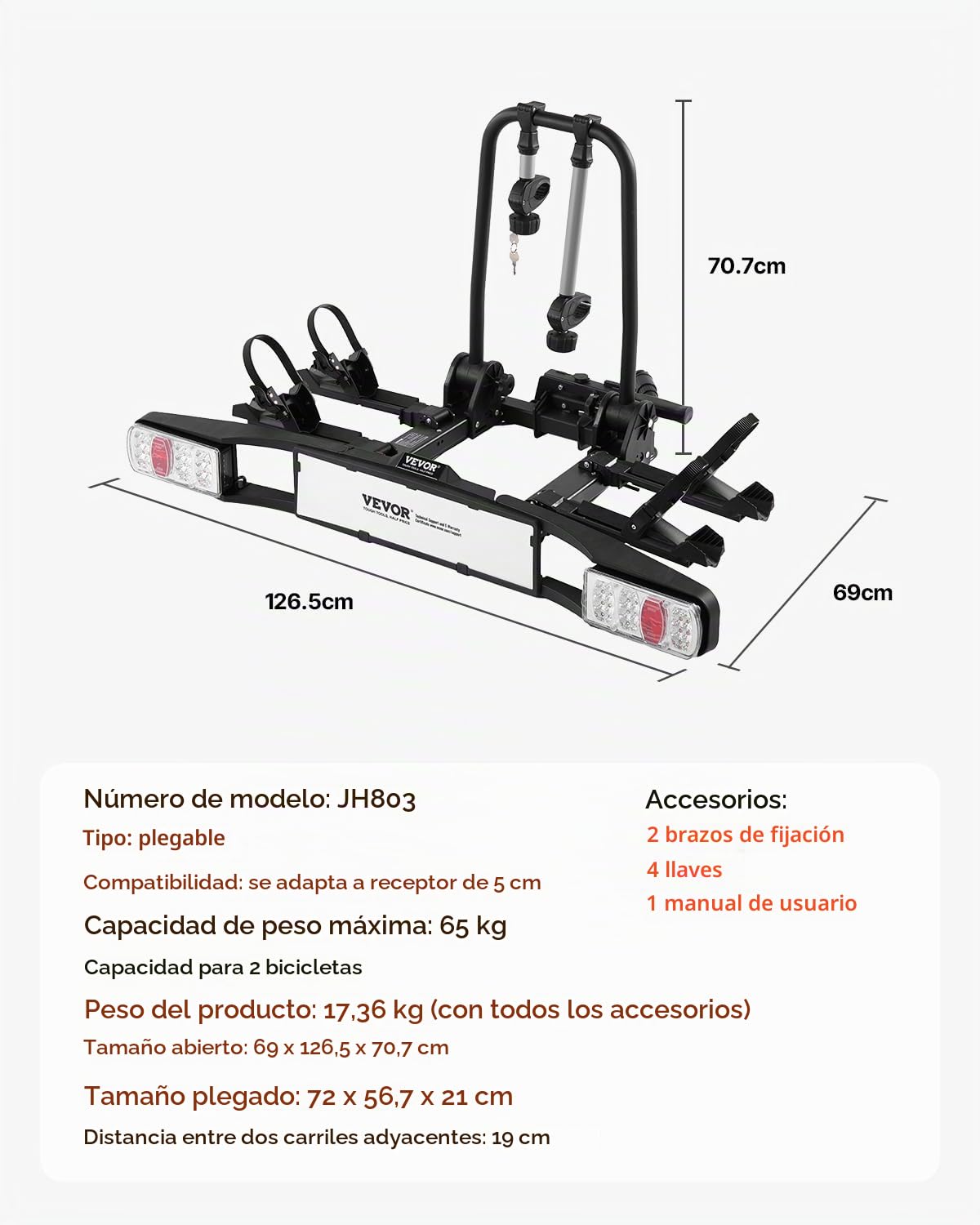 VEVOR Portabicicletas Compatible con Receptores 5 cm, Portabicicletas para 2 Bicicletas con Carga de 65 kg, Plegable y Bloqueable para Bicicletas Eléctricas con Luz Trasera, 69 x 126,5 x 70,7 cm