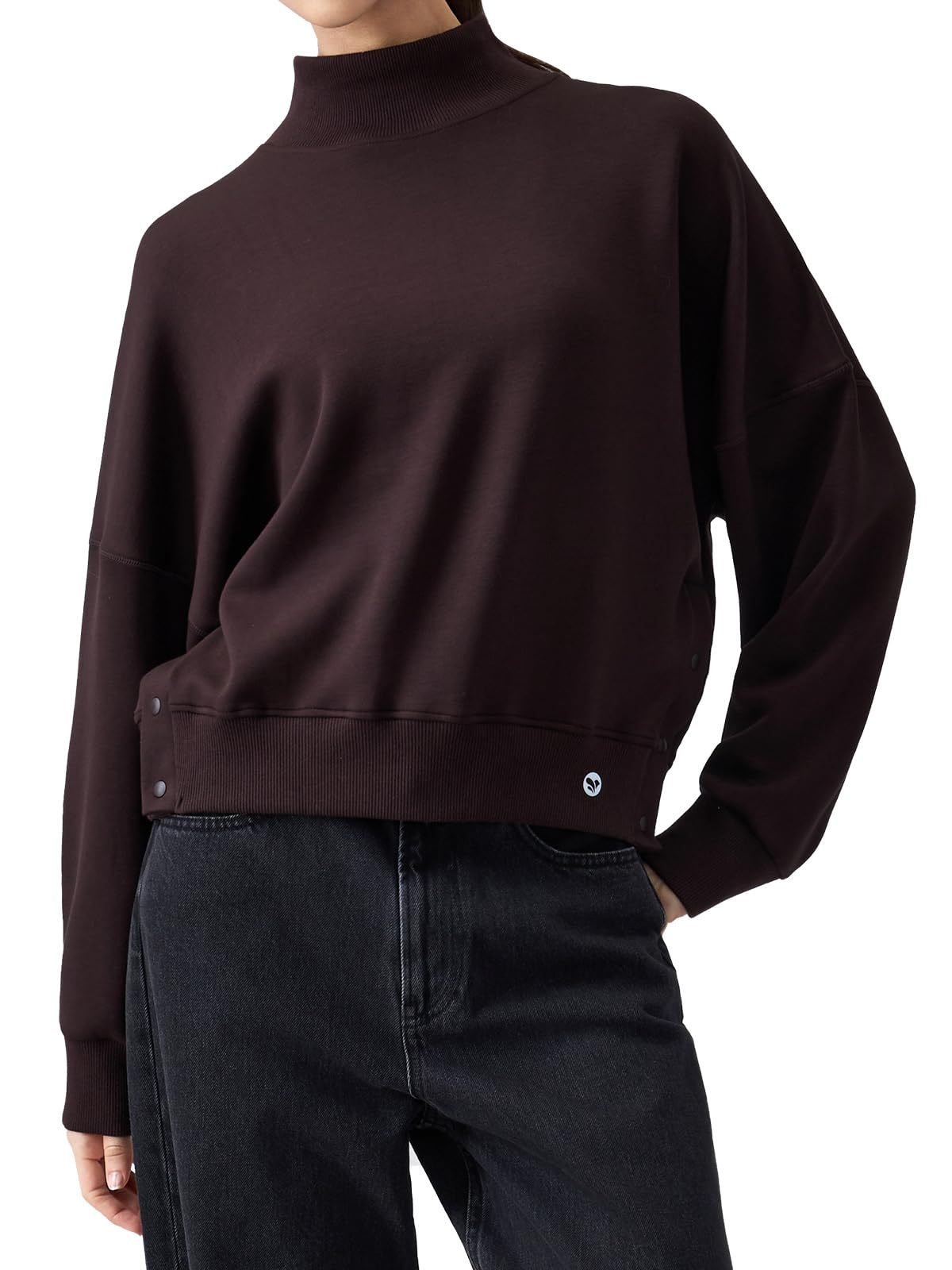 AARYA Women‘s Oversized Mock Neck Cropped Sweatshirt Long Sleeve Pullover | 260gsm Soft Air-Layer Rayon Blend, Great Stretch & Recovery, Dropped Shoulder, Side Slit with Snaps, for Pre & Post Workout
