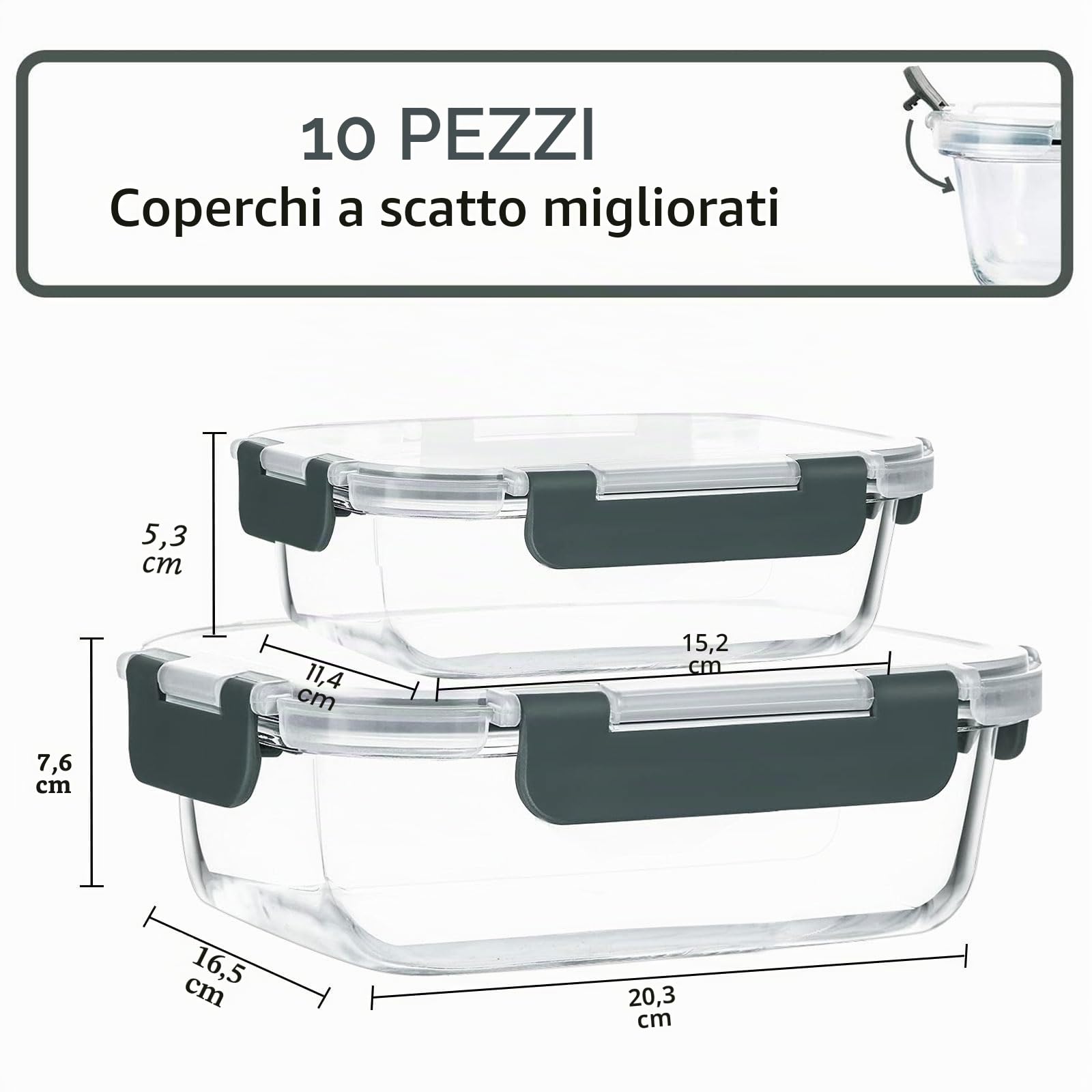 MCIRCO - Contenitori per alimenti in vetro con coperchio, con chiusura a scatto, contenitori ermetici per il pranzo, microonde, forno, congelatore e lavastoviglie, confezione da 10