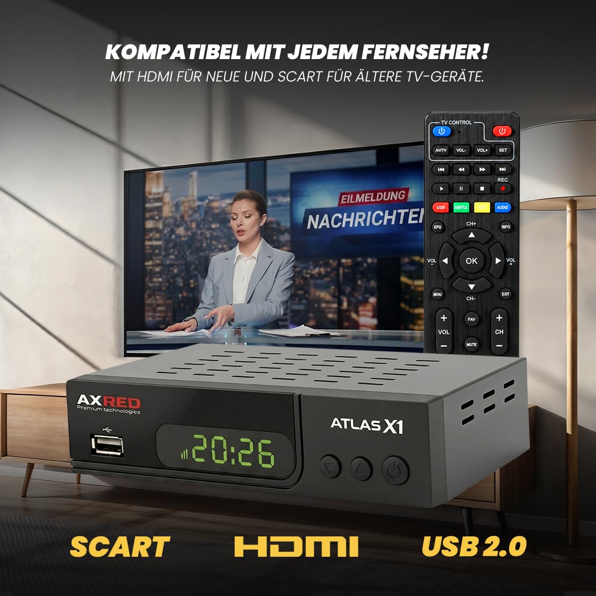AXRED Atlas X1 + cable HDMI, receptor de satélite HD con función de grabación, Full HDTV, receptor de satélite digital para antena parabólica, TV satélite, receptores HD