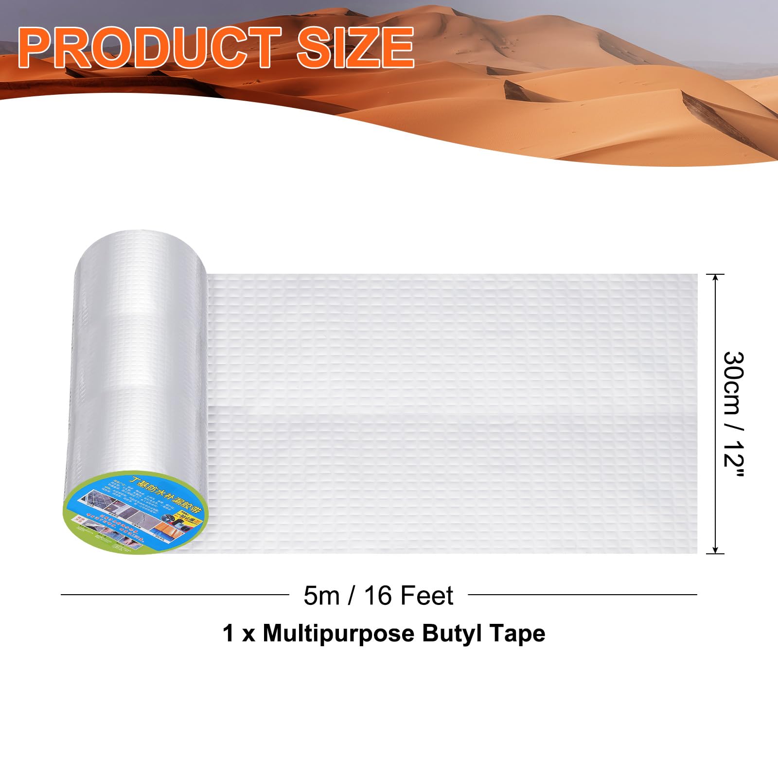 QUARKZMAN Cinta De Butilo Multiusos 12 Pulgadas X 16 Pies Cinta De Aluminio Impermeable Para Reparación De RV Ventana Sellado De Tuberías De Vidrio Y Goma (Plateado, De 1)