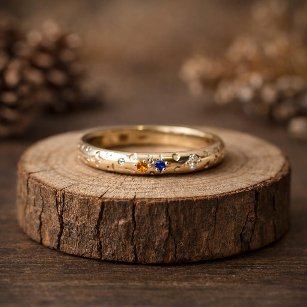 Celestial Wedding Band for Women 10K Gold Multi Birthstone Star Ring Dainty Stacking Promise Anniversary Fine Jewelry Gift for Her