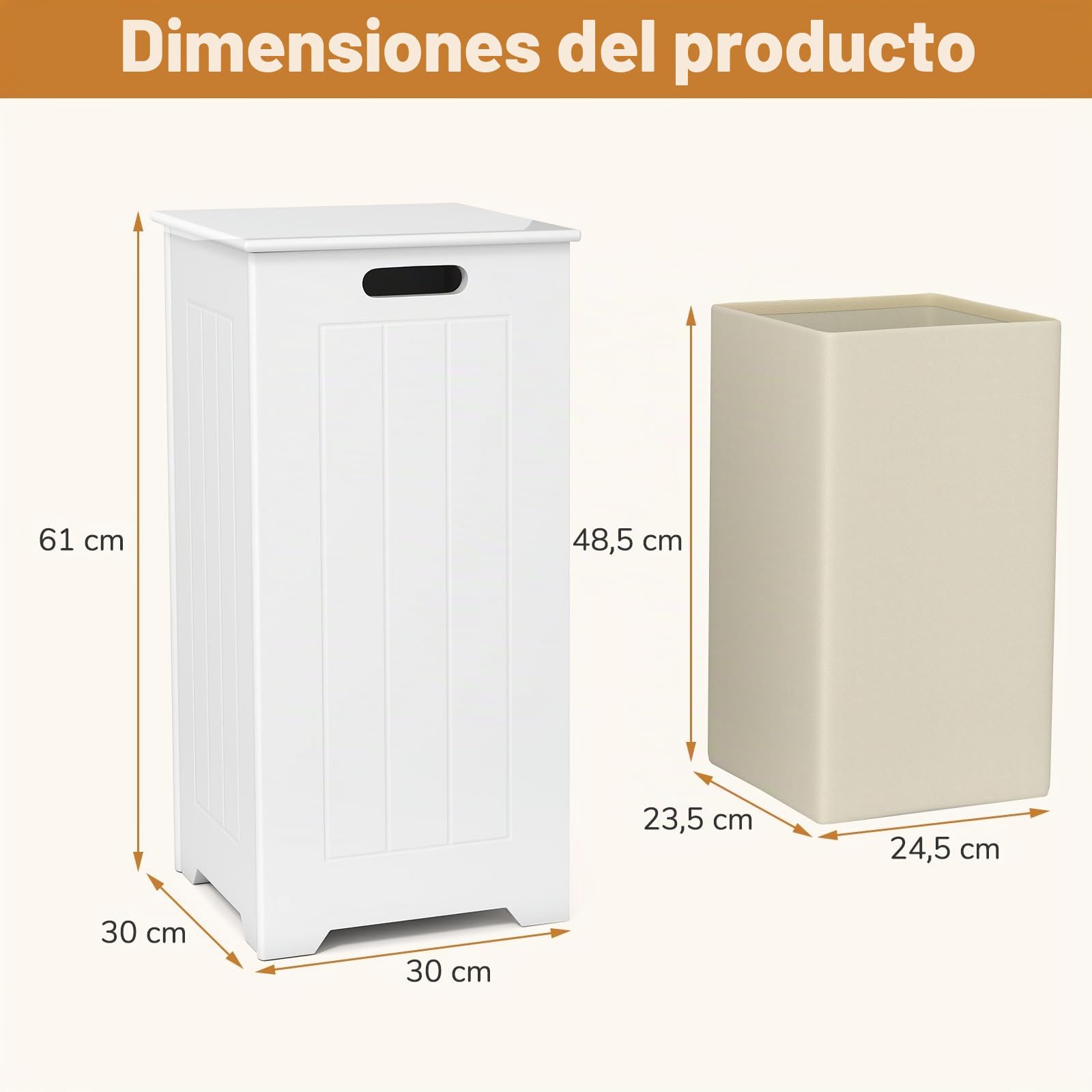GIANETX Cesto Ropa Sucia de 34 litros con Tapa y Asa, Armario para Colada de Madera, 30 x 30 x 61 cm, Arcón de Almacenamiento para Baño, Dormitorio, Lavandería (con Bolsa Interior)