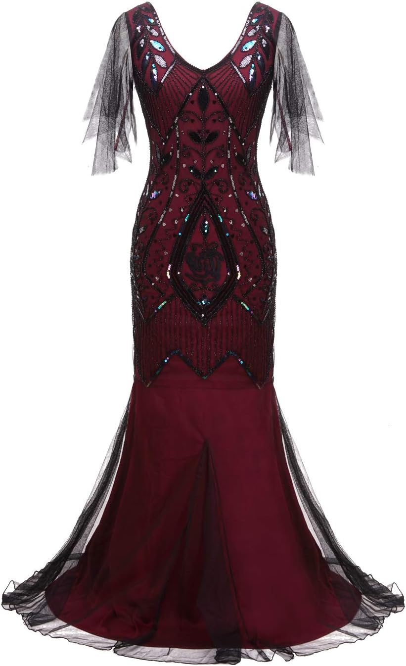 1920s Art Deco Sequin Maxi Dress, Vintage Flapper Gatsby Style, V-Neck with Tulle Sleeves, Long Evening Formal Gown - Image 7