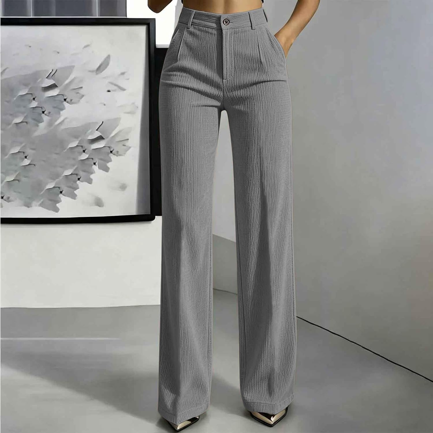 Corduroy Wide Leg Pants for Women, Dressy Casual Work Pants | High Waisted, Front Buttons, Stretchy, Business Work, Suit Slacks, Flowy Trousers, Fall Winter Clothes