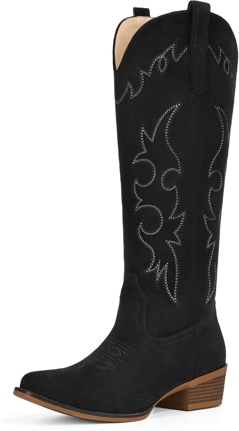 Suede Cowboy Boots for Women Knee High Western Cowgirl Boots Pointed Toe Low Heel Classic Embroidered Boot