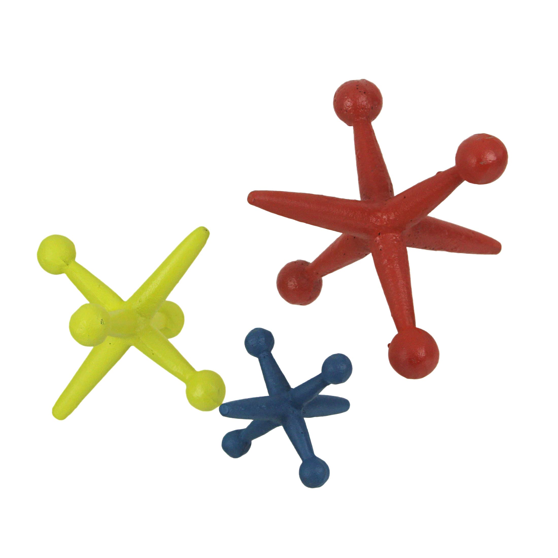 Vibrant Set of 3 Red, Blue, and Yellow Enamel-Painted Cast Iron Oversized Toy Jack Accent Sculptures - Nostalgic Charm Meets Playful Retro Style and Elegance