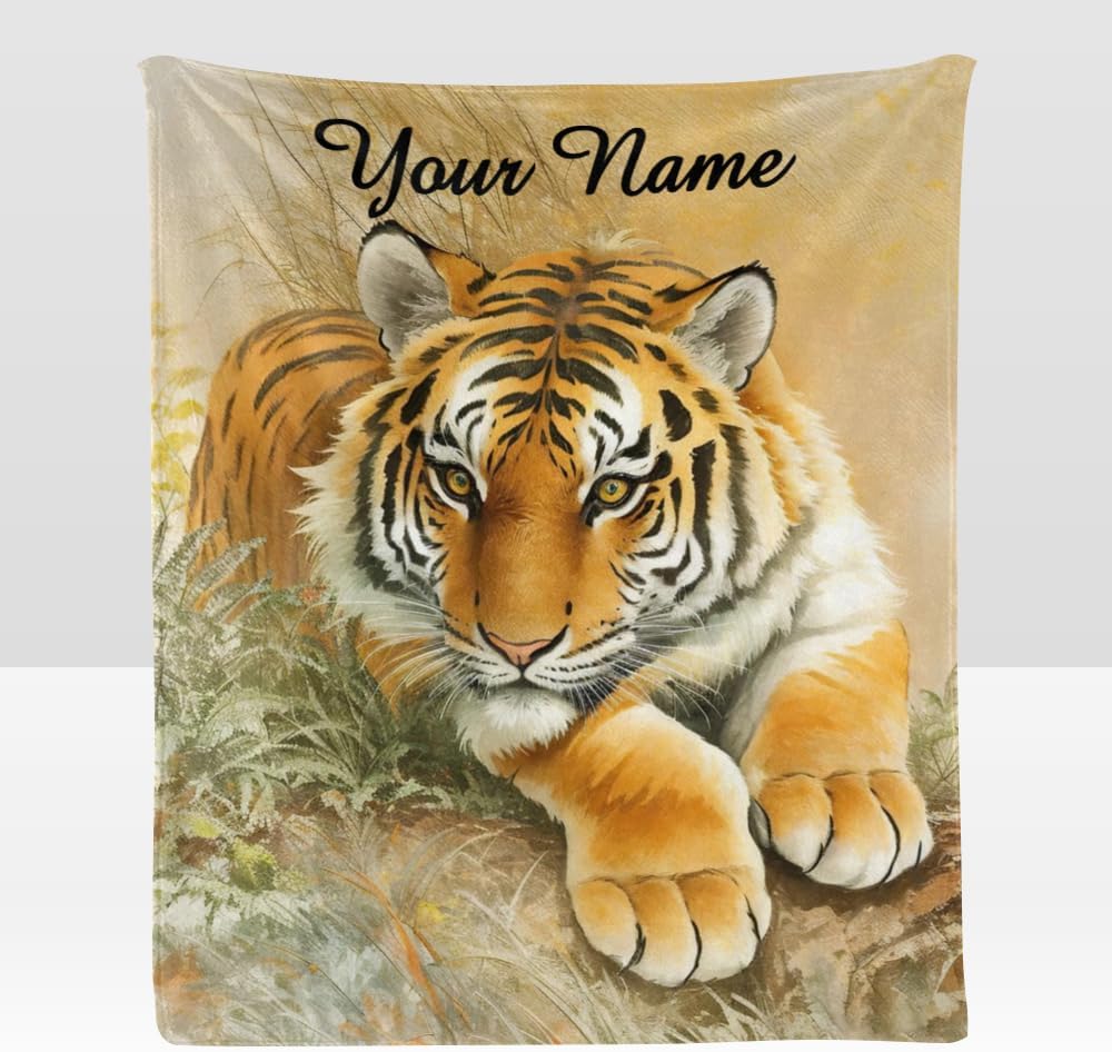 Custom Blanket with Name Text,Personalized Tiger Art Super Soft Fleece Throw Blanket for Couch Sofa Bed (50 X 60 inches)