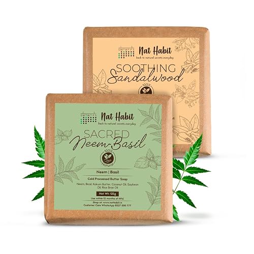 Nat Habit Neem & Sandalwood De-Tan Bath Soap Combo|Cold-Processed Ayurvedic Soaps with Neem Actives & Rakt Chandan | Antibacterial, Anti-Inflammatory, Body Acne,Tan Removal & Skin Brightening |125g Each