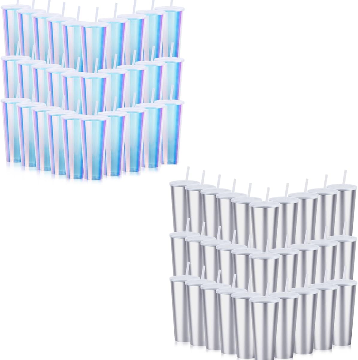 30 Pack Iridescent Plastic Cups with Lids and Straws and 30 Pack Siliver Plastic Cups with Lid and Straws