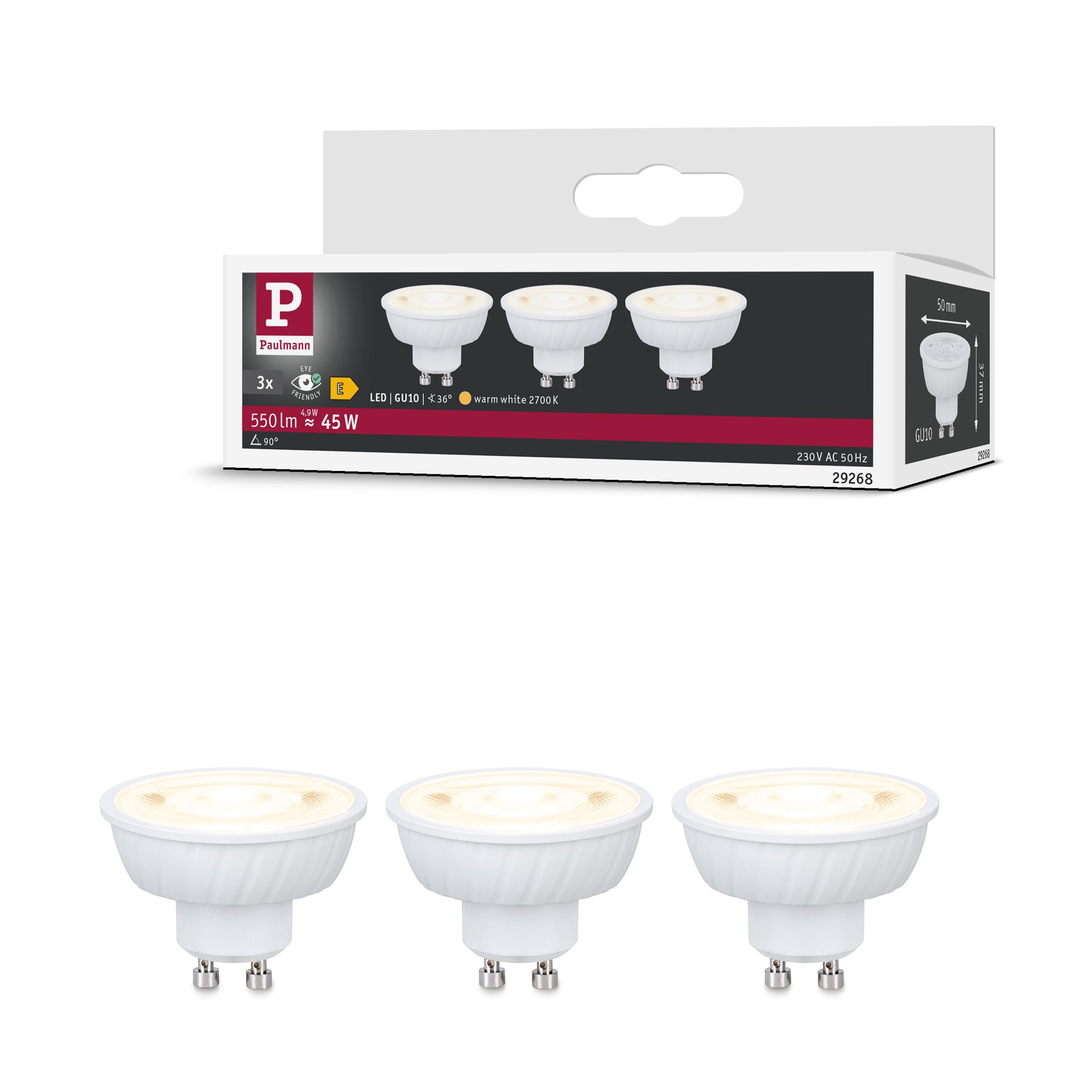 Paulmann Standard 230V LED Reflector GU10 Flat 37 mm 3x550lm 3x4,9W 2700K Signal White 29268