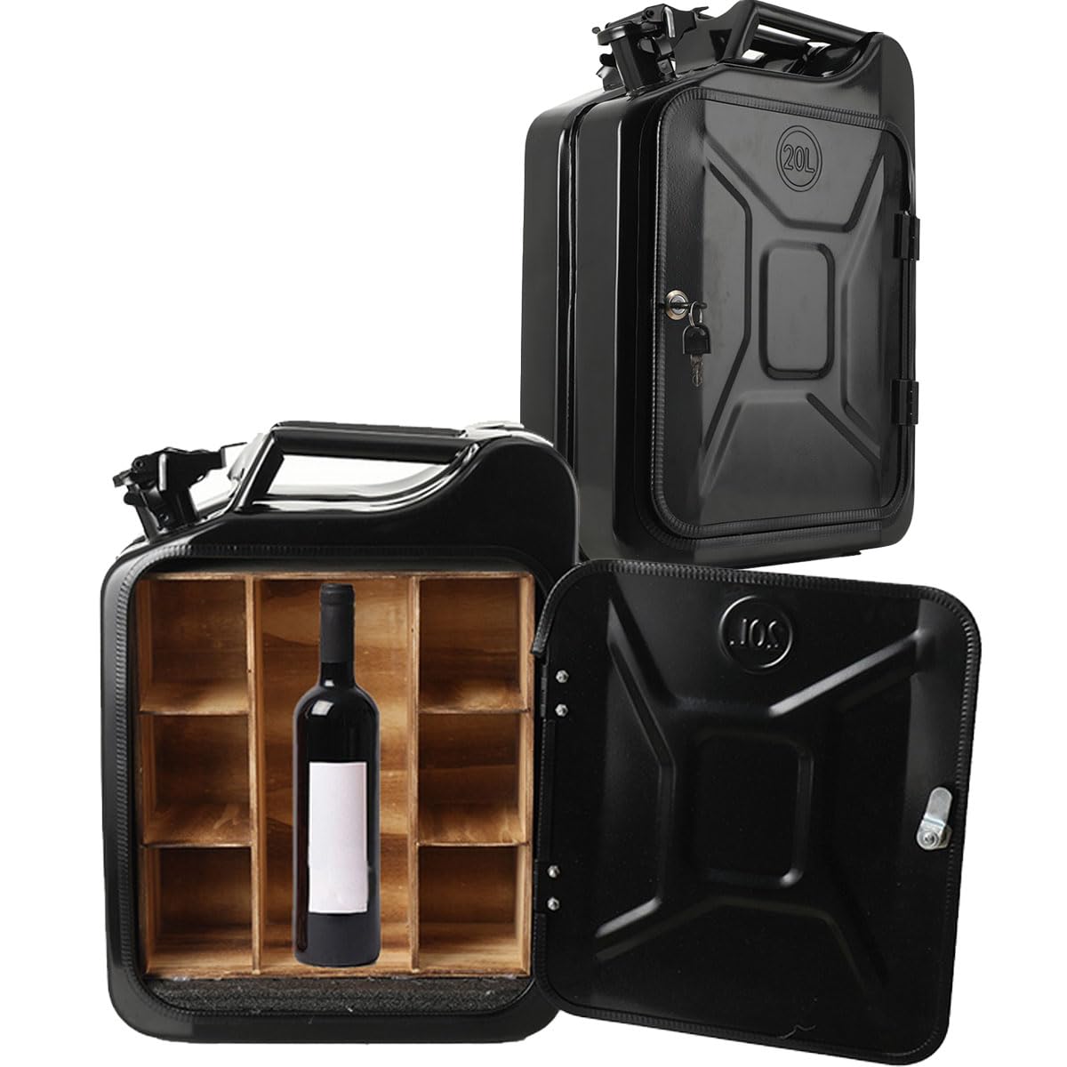 Jerrycan Bar à bidon de 20 l, verrouillable, à 4 compartiments, en métal, noir, cadeau d'anniversaire pour homme, minibar verrouillable, 34 x 46 x 16 cm