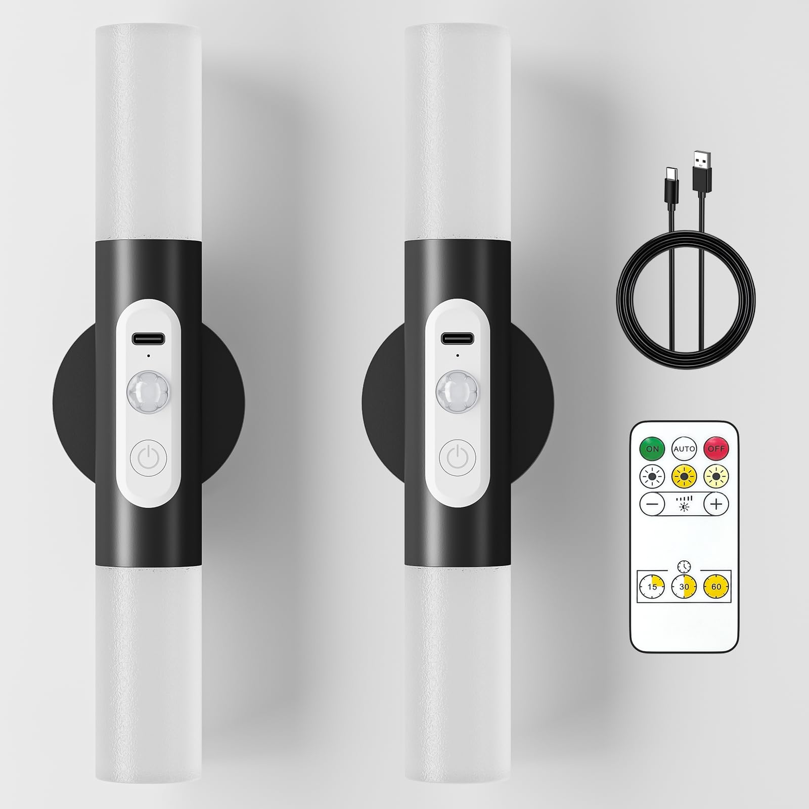 Hensam Bewegungsmelder Wandleuchte mit Fernbedienung, Kabellose Wandlampen mit Akku für Schlafzimmer, LED Nachtleuchte für Innenbereich - Wohnzimme, Flur, Treppenhaus, Wandbild, Schwarz, 2er-Set