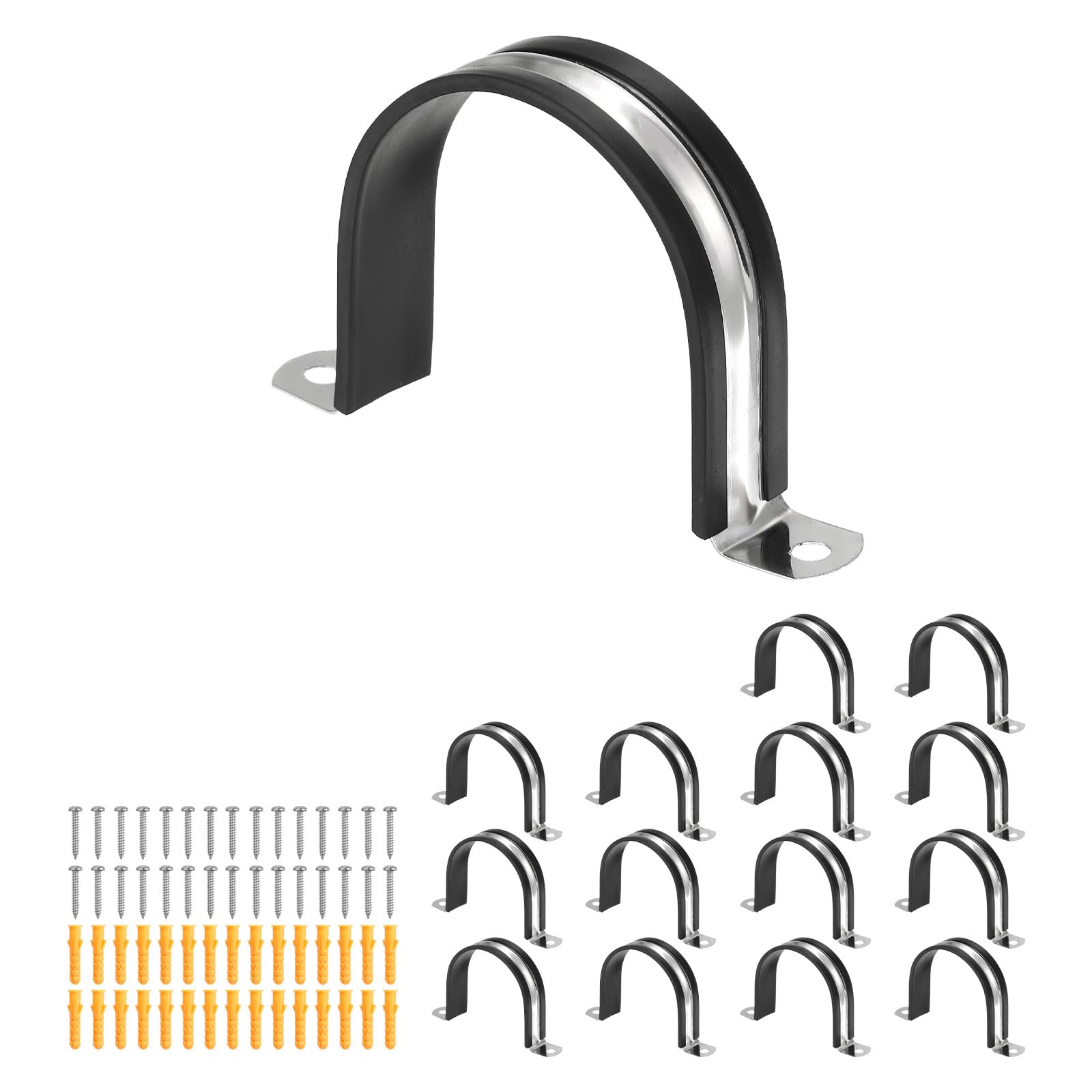 sourcing map 15 Pcs Pipe Strap Clamp, 69mm(2.72") Rubber Cable Clamp Rubber Cushioned 304 Stainless Steel U Bracket Tube Holder Support with Screws for Water Pipe HVAC Cable Management